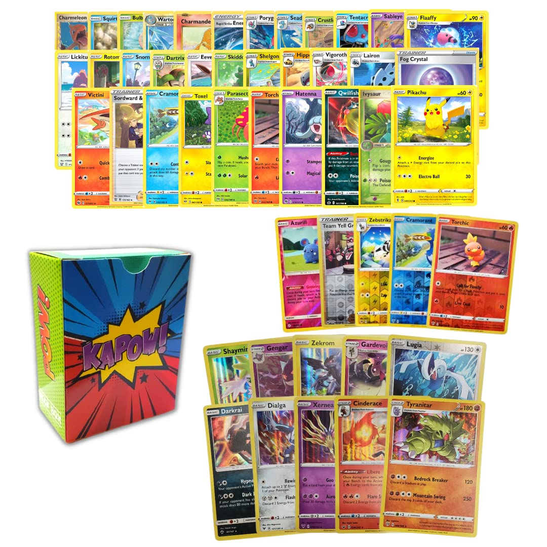 Holo Rare Pokemon Card Bundle - 50+ Cards Including 5 Holofoil Rares & 3 Foil Cards with Kapow Collection Deck Box | Perfect for Collectors, Trading & Battles