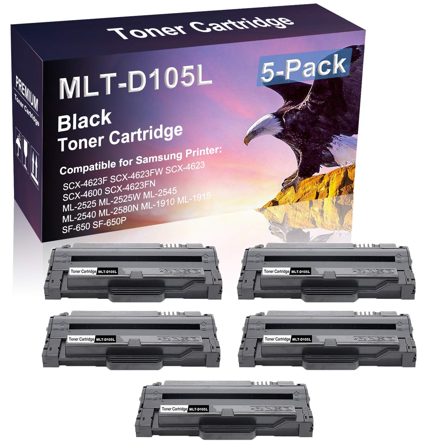 5-Pack Black High-Capacity D105L/MLT-D105L Compatible Toner Cartridge for Samsung ML-2525/ML-2525W/ML-2545/ML-2540/ML-2580N/ML-1910/ML-1915 Printers - Perfect for Office & Home Printing Needs