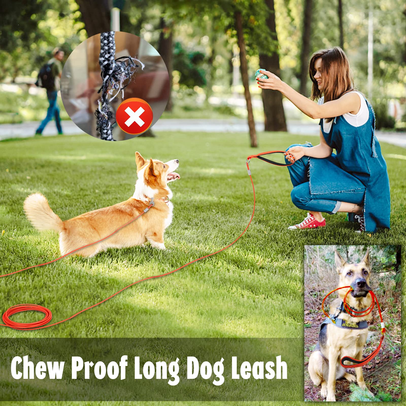 50ft Heavy Duty Chew Proof Dog Leash - Long Tie Out Cable with Carabiner for Medium & Large Dogs | Padded Handle for Comfort | Perfect for Yard Training, Walking & Outdoor Activities