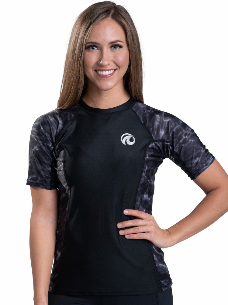 Women's Short Sleeve Rash Guard Surf Shirt - UPF 50+ Sun Protection, Quick Dry Swim Top with Aqua Design | Perfect for Surfing, Swimming, Beach & Water Sports