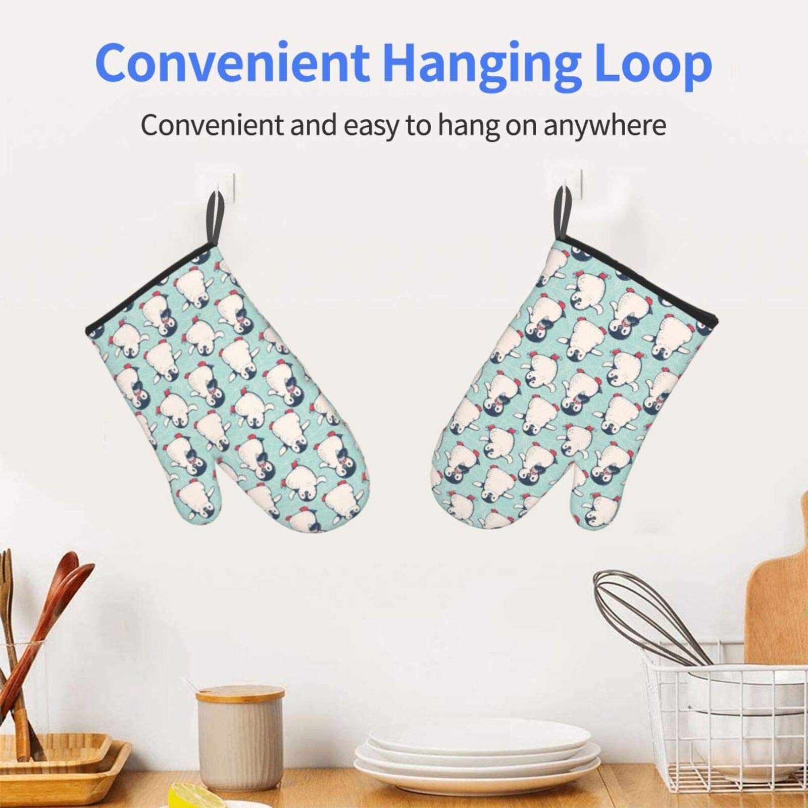 Heat Resistant Oven Mitts Set of 2 - Non-Slip Penguin Design Kitchen Gloves for Baking, Grilling & Cooking - Perfect for Holiday Baking & BBQ Parties