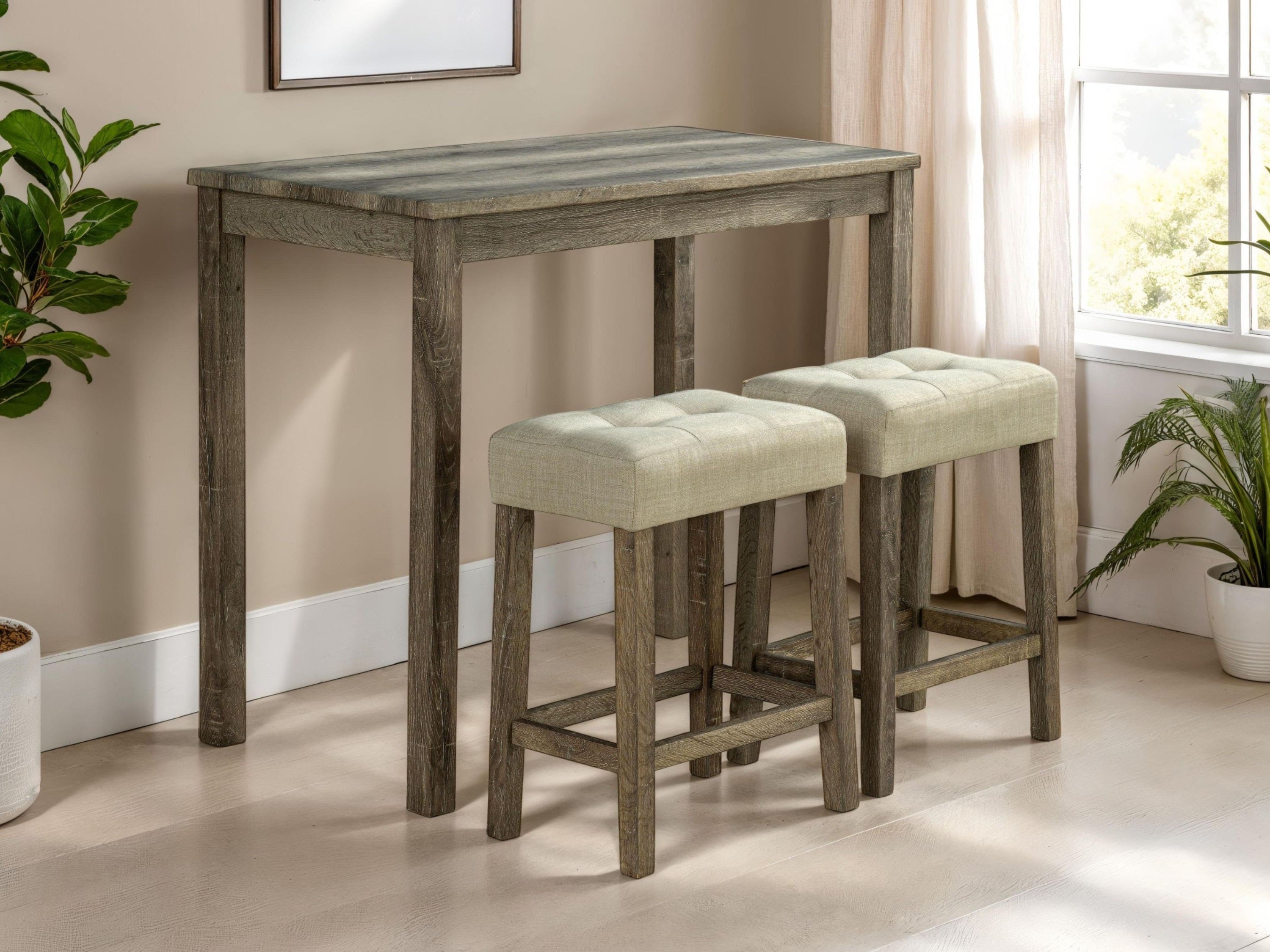 Transitional Brown 3-Piece Dining Set with Rubberwood Table & 2 Tufted Beige Stools - Perfect for Small Spaces, Breakfast Nooks & Cozy Apartments