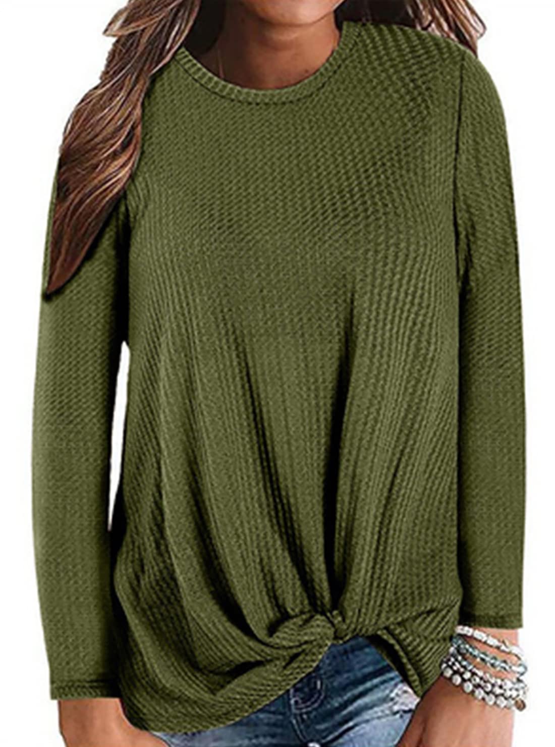 Women's Long Sleeve Waffle Knit Twist Knot Tunic Sweater - Casual Loose Fit T-Shirt Top for Fall & Winter | Perfect for Layering, Office Wear, and Weekend Outfits