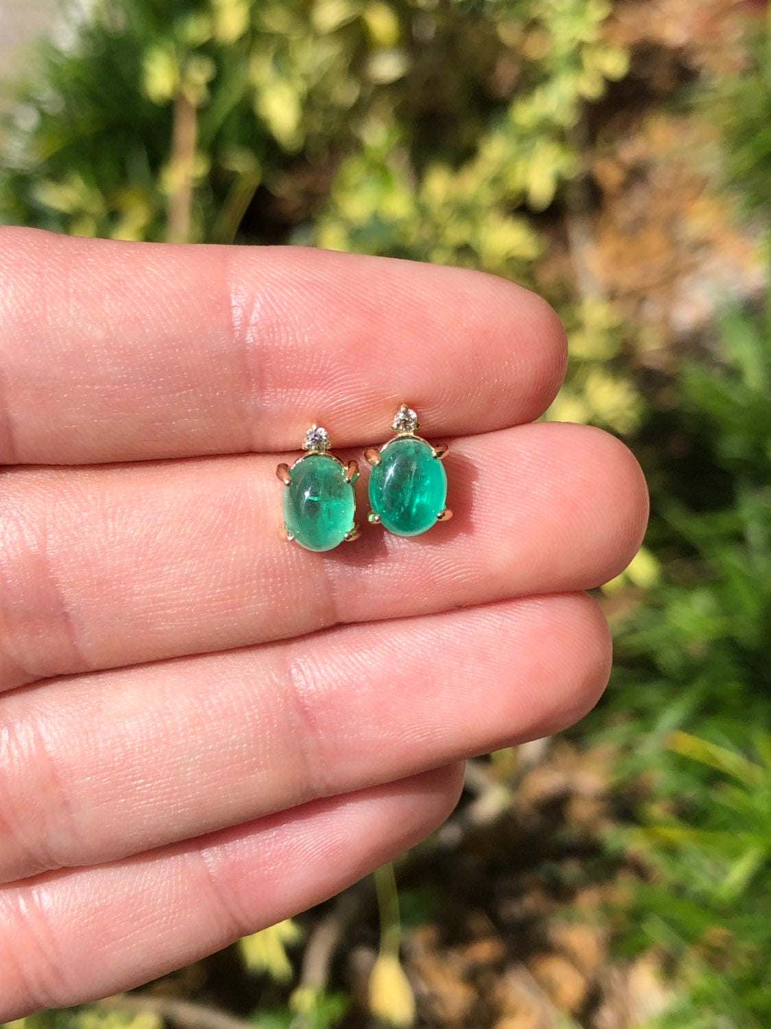 3.10tcw Cabochon Emerald & Diamond Stud Earrings in 14K Gold - Elegant Jewelry for Women, Perfect for Weddings, Parties & Special Occasions
