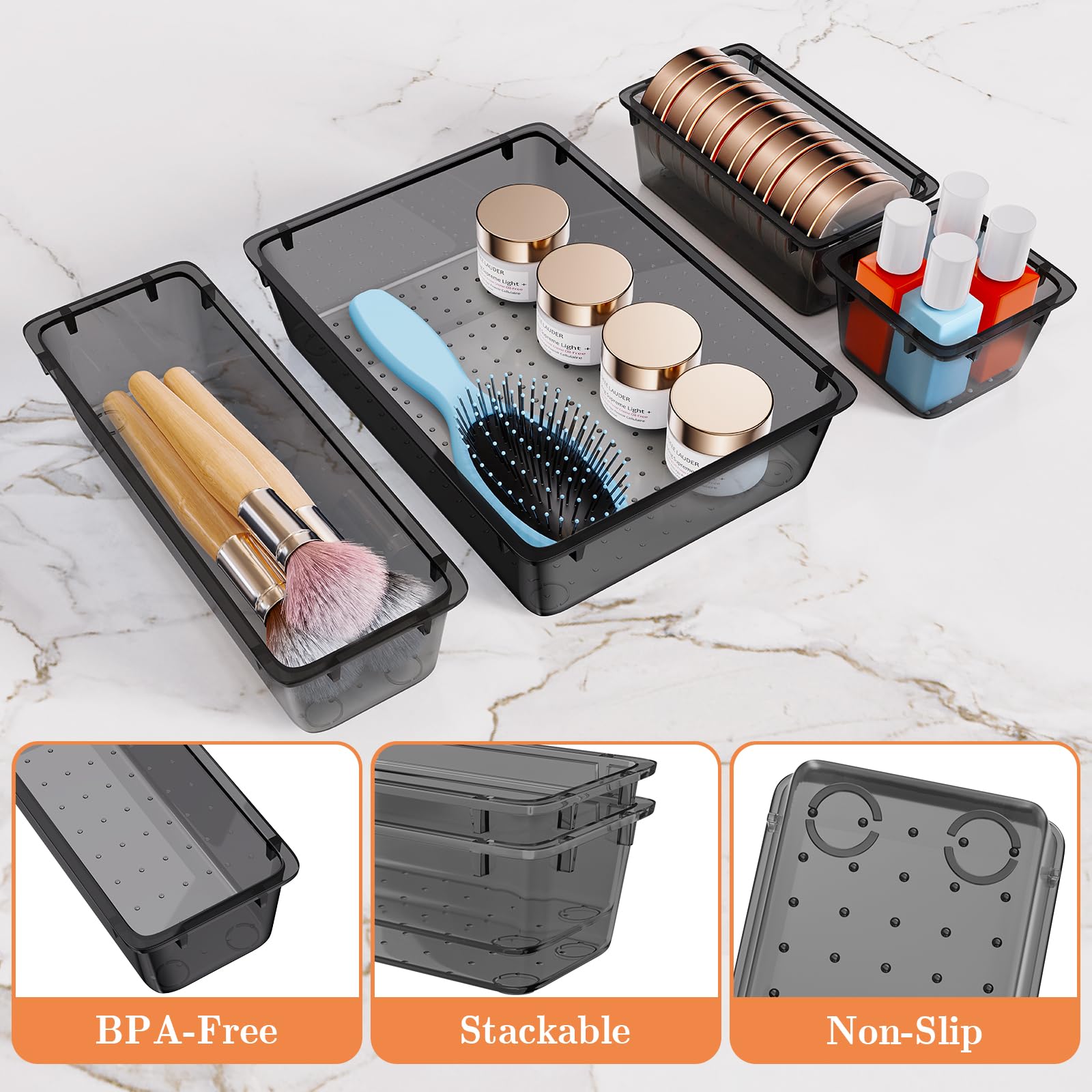 25-Piece Plastic Drawer Organizer Set - 4-Size Versatile Storage Trays & Bins for Makeup, Jewelry, Office Supplies | Bathroom, Bedroom & Desk Organization (Black) - Perfect for Vanity, Dresser & Clutter-Free Workspace