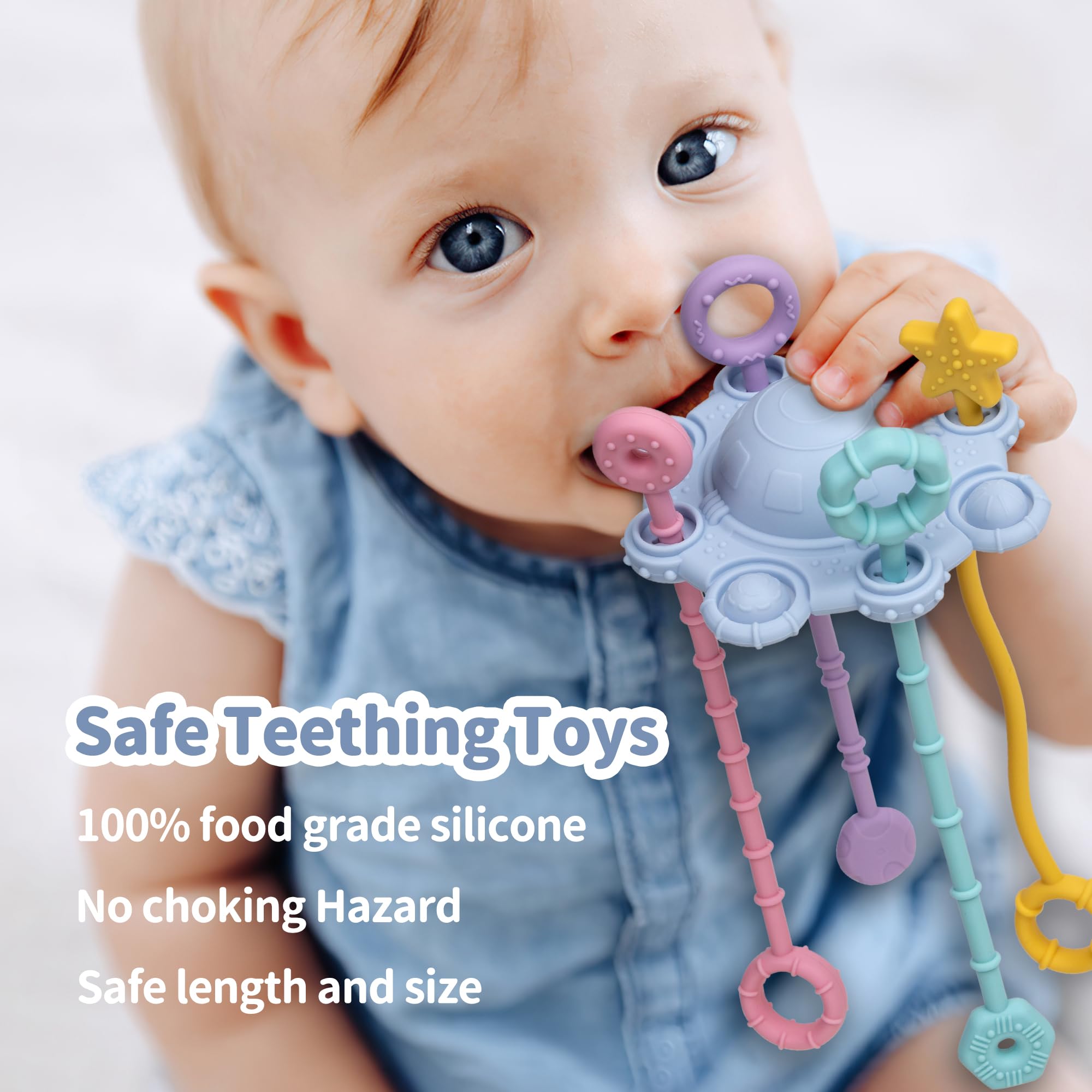Montessori Pull String Toys for Babies - 100% Food Grade Silicone Baby Teether with Built-in Rattle & Easy to Clean - Safe Infant Developmental Toy for Crawling, Teething & Sensory Play (Blue)