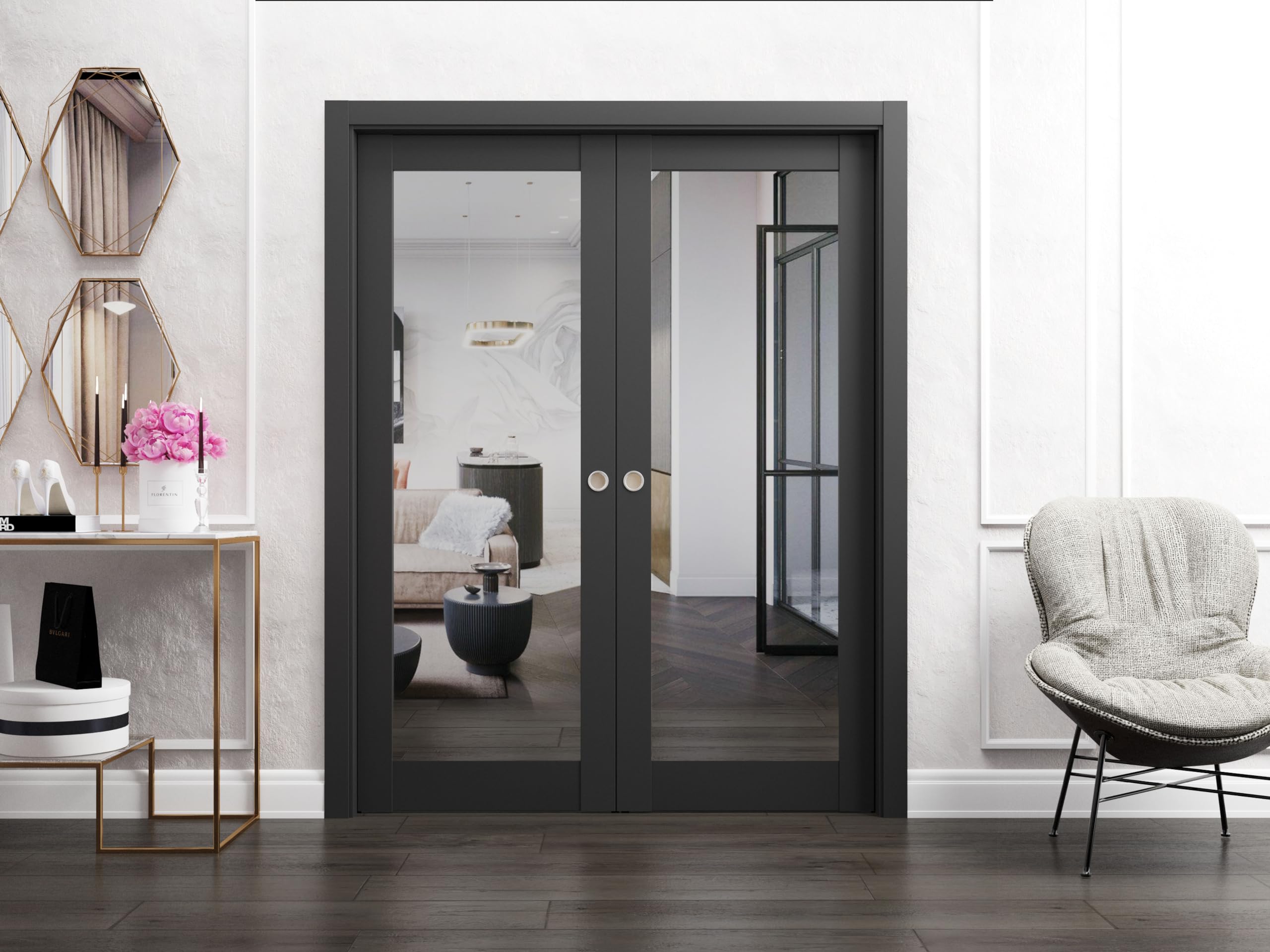 SARTODOORS - 36 x 80 Inch Matte Black Slab Barn Door with Mirror | Lucia 1299 Solid Wood Interior Sliding Door | Heavy Duty Closet & Room Divider | Perfect for Bedroom, Walk-in Closet & Home Office