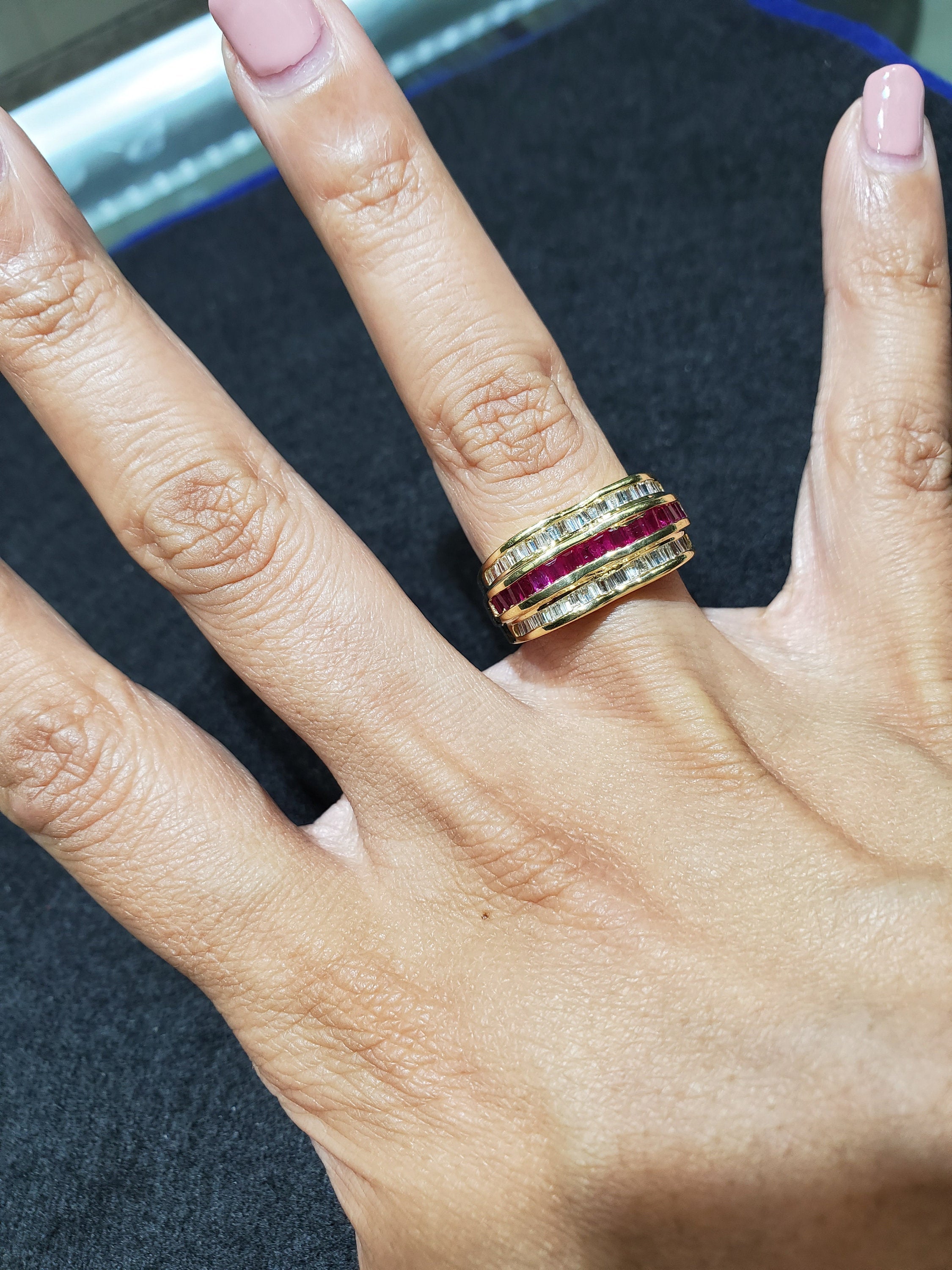 14k Yellow Gold Ruby & Diamond Baguette Cocktail Ring - Elegant Statement Jewelry for Evening Parties, Weddings & Special Occasions