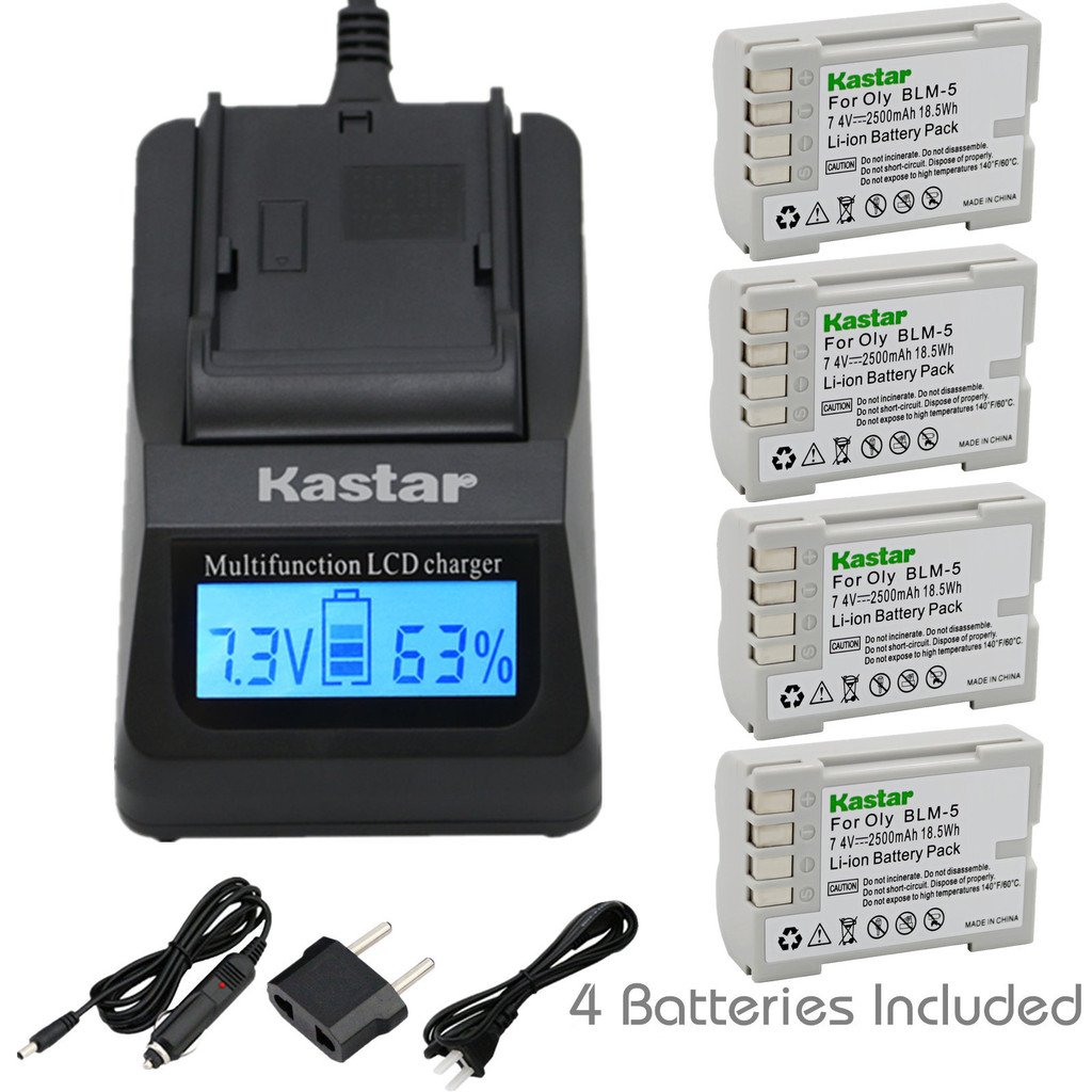 Kastar Ultra Fast Charger Kit with 4-Pack BLM-5 Batteries for Olympus Digital Cameras | 3X Faster Charging | USB Portable Charging Function | Compatible with Olympus C-8080, C-7070, C-5060, E1, E3, E5, E300, E330, E500, E510, E520 | Perfect for Travel Photography & Professional Shoots