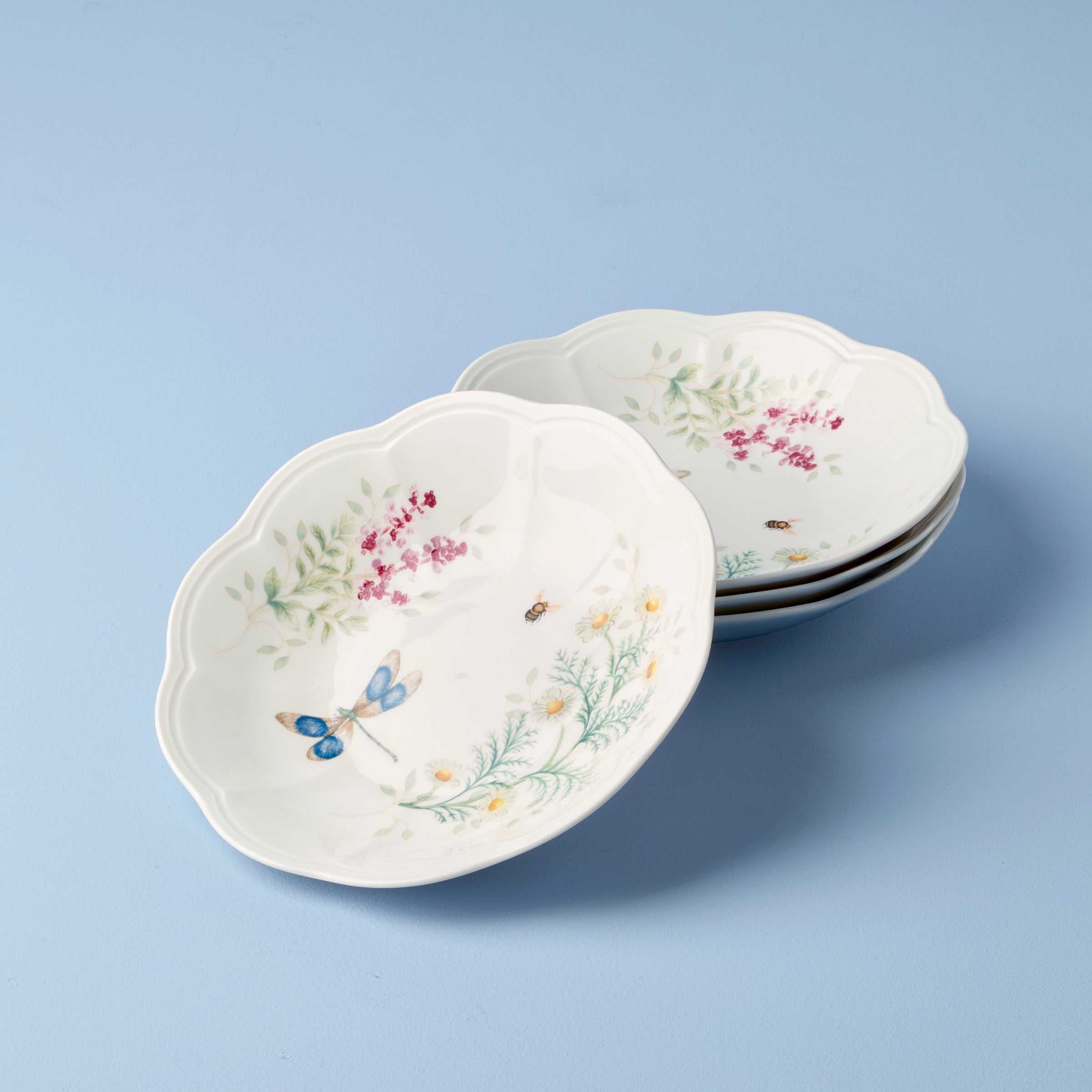 Butterfly Meadow Herbs Pasta Bowls Set of 4 - Elegant Ceramic Dinnerware for Italian Cuisine, Perfect for Family Dinners & Entertaining Guests