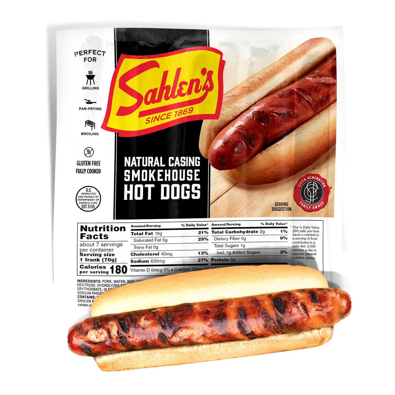 Sahlen's Natural Casing Pork & Beef Hot Dogs - Fully Cooked, Gluten Free, 5lb Pack | Premium Smokehouse Flavor for Grilling, BBQ, Camping & Family Gatherings | Perfect for Hot Dog Buns, Chili Dogs & Game Day Snacks