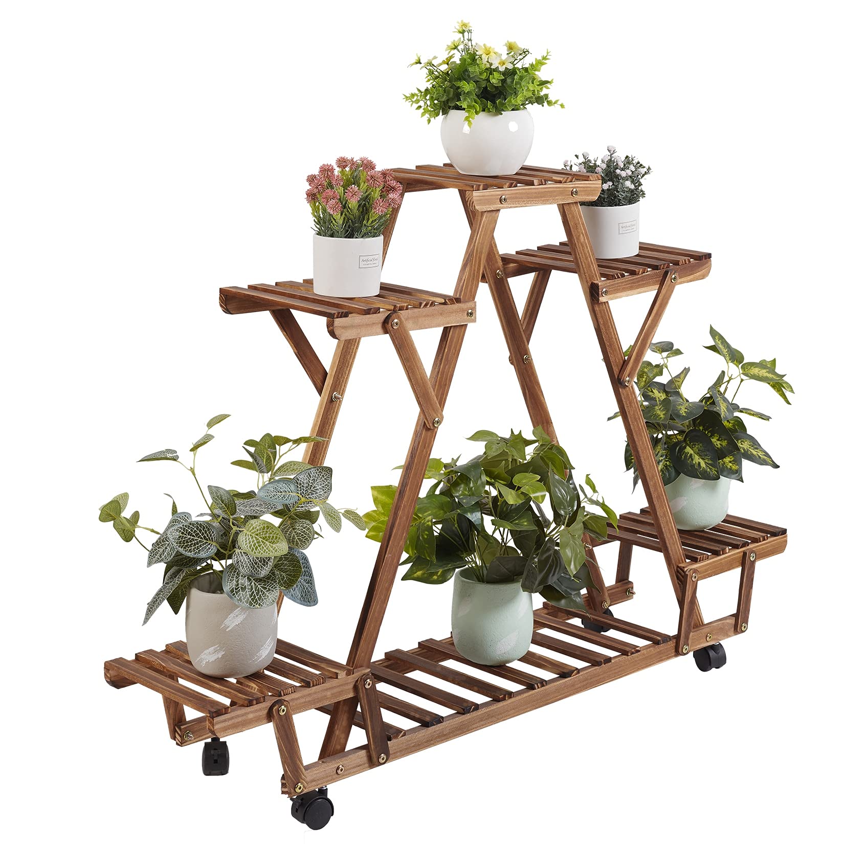 Triangular Plant Stand with Wheels - 6 Tier Carbonized Wood Flower Pot Holder Shelf for Indoor & Outdoor Garden Organizer - Gold Finish | Perfect for Balcony, Patio, and Home Decor Storage Solution