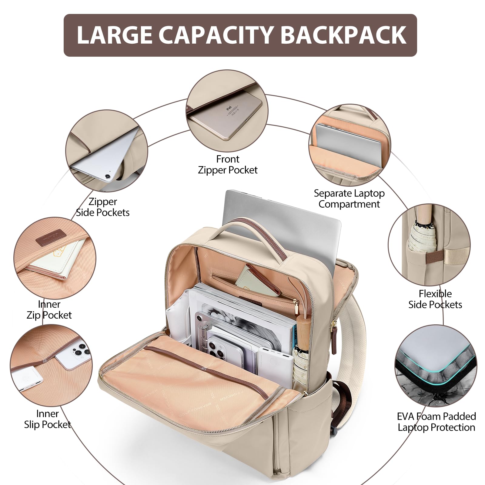 Stylish Waterproof Laptop Backpack for Women - 16 Inch Business Travel Backpack with Dedicated Laptop Compartment - Perfect for Work, College & Daily Commute - Apricot Color