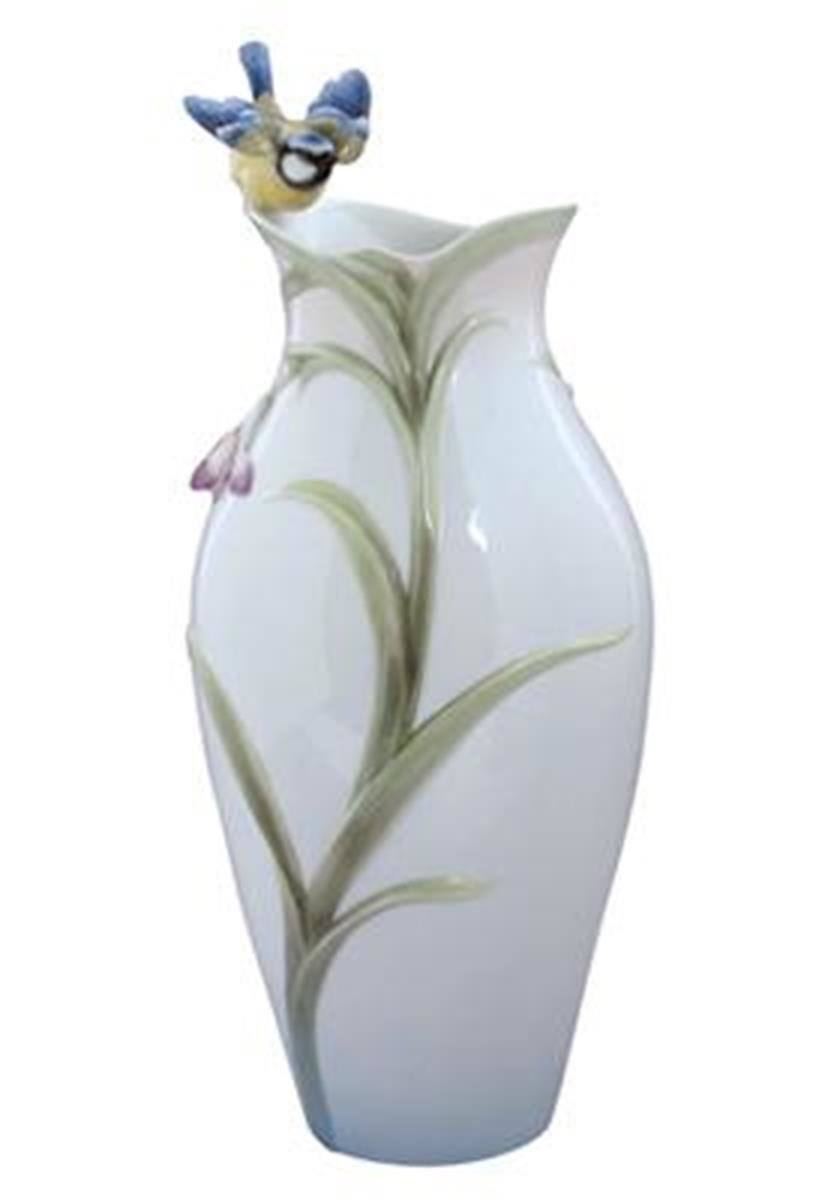 13.25 Inch Porcelain Vase with Orchid Bloom and Blue Titmouse Design - Elegant Home Decor for Living Room, Bedroom, or Office Centerpiece