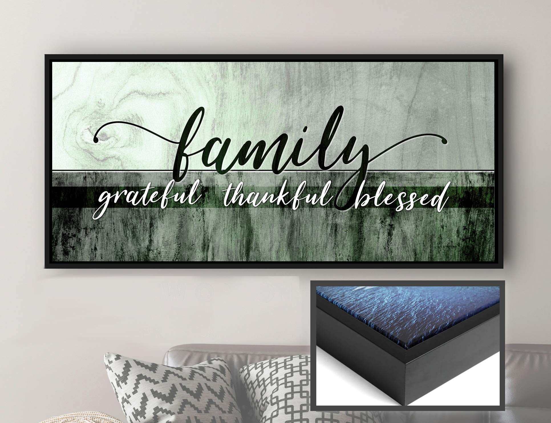 Christian Family Wall Decor - Blessed Thankful Grateful Sign with Floating Frame (Green, 42x19 Inch) - Perfect for Living Room, Bedroom & Home Decorations