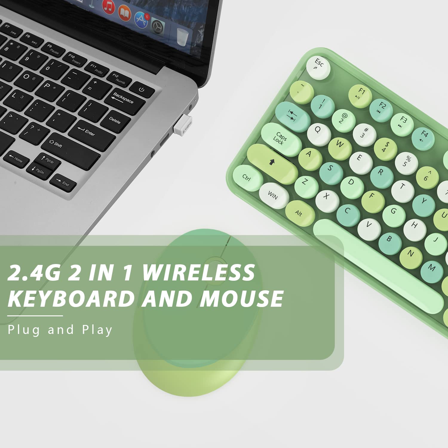 KOOTOP Retro Green Wireless Keyboard and Mouse Set - 2.4G Ergonomic Round Keycap Combo for PC, Mac, Laptop & Tablet - Perfect for Home Office, Gaming & Creative Workspaces (Green)