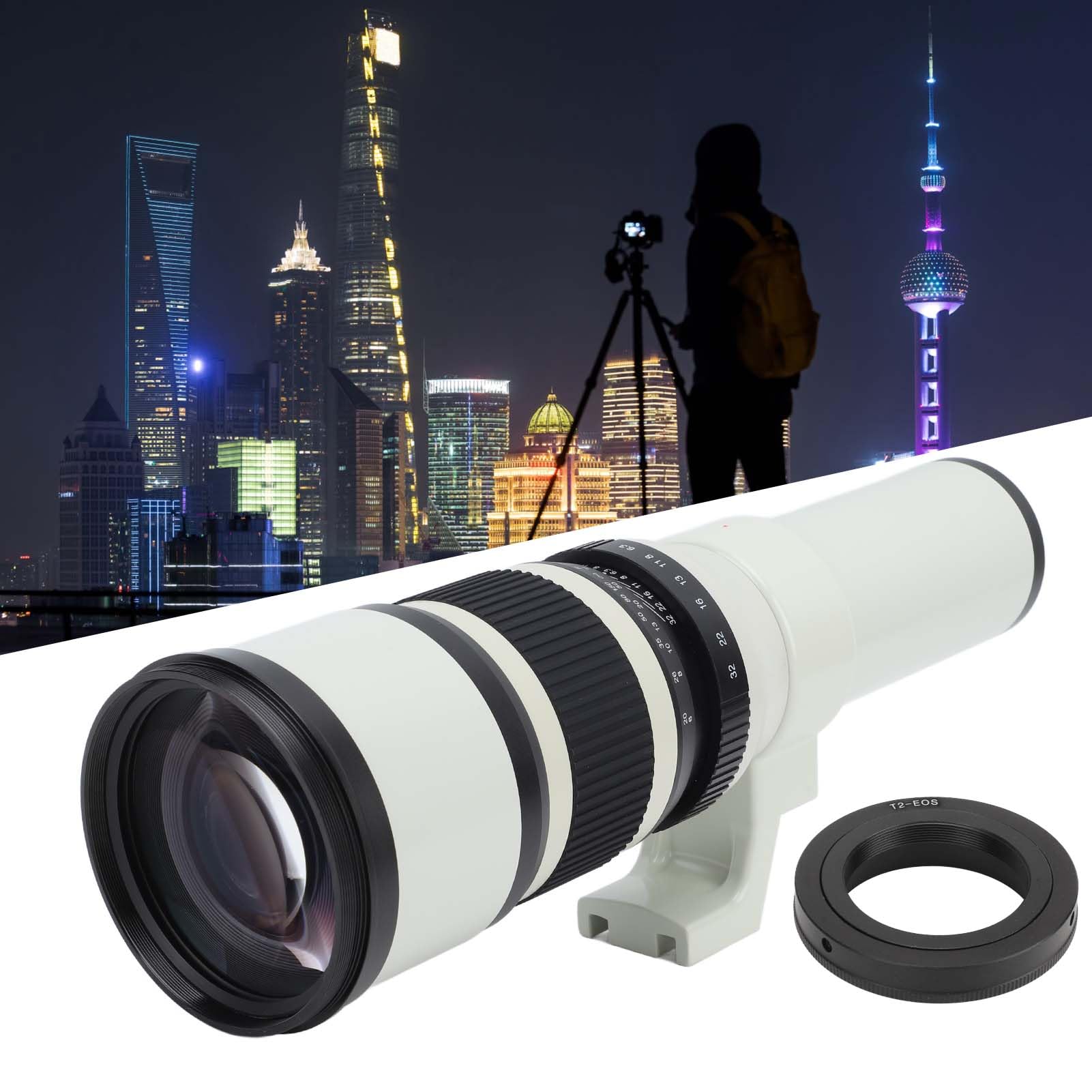500mm F/6.3 Manual Focus Prime Telephoto Lens with T2 Mount Adapter - High Quality EF Bayonet Lens for DSLR Cameras | Perfect for Astrophotography, Bird Watching & Long Distance Photography (White)