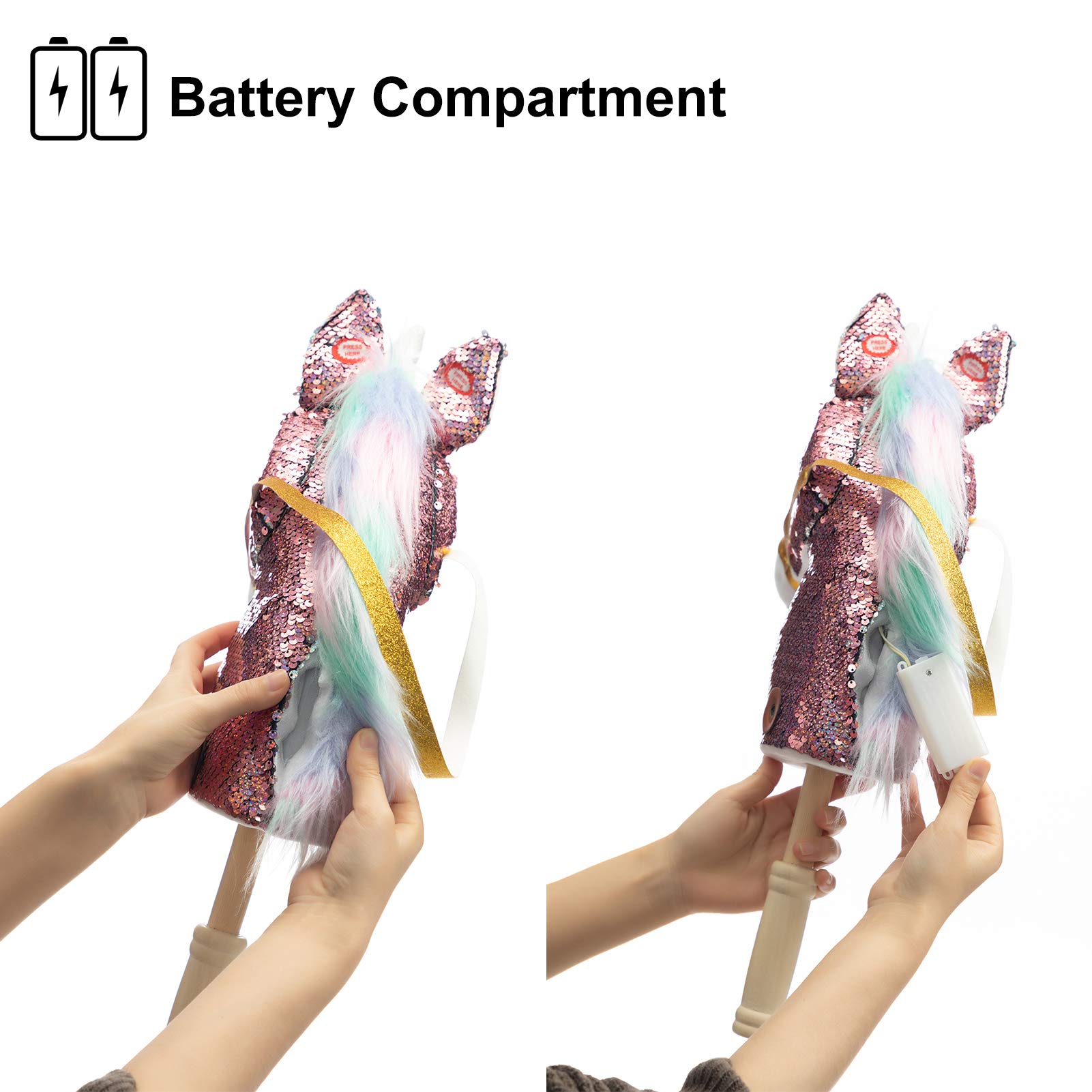 **HollyHOME Sequin Unicorn Stick Horse - Handcrafted Wooden Wheels, Real Neighing & Galloping Sounds - 36