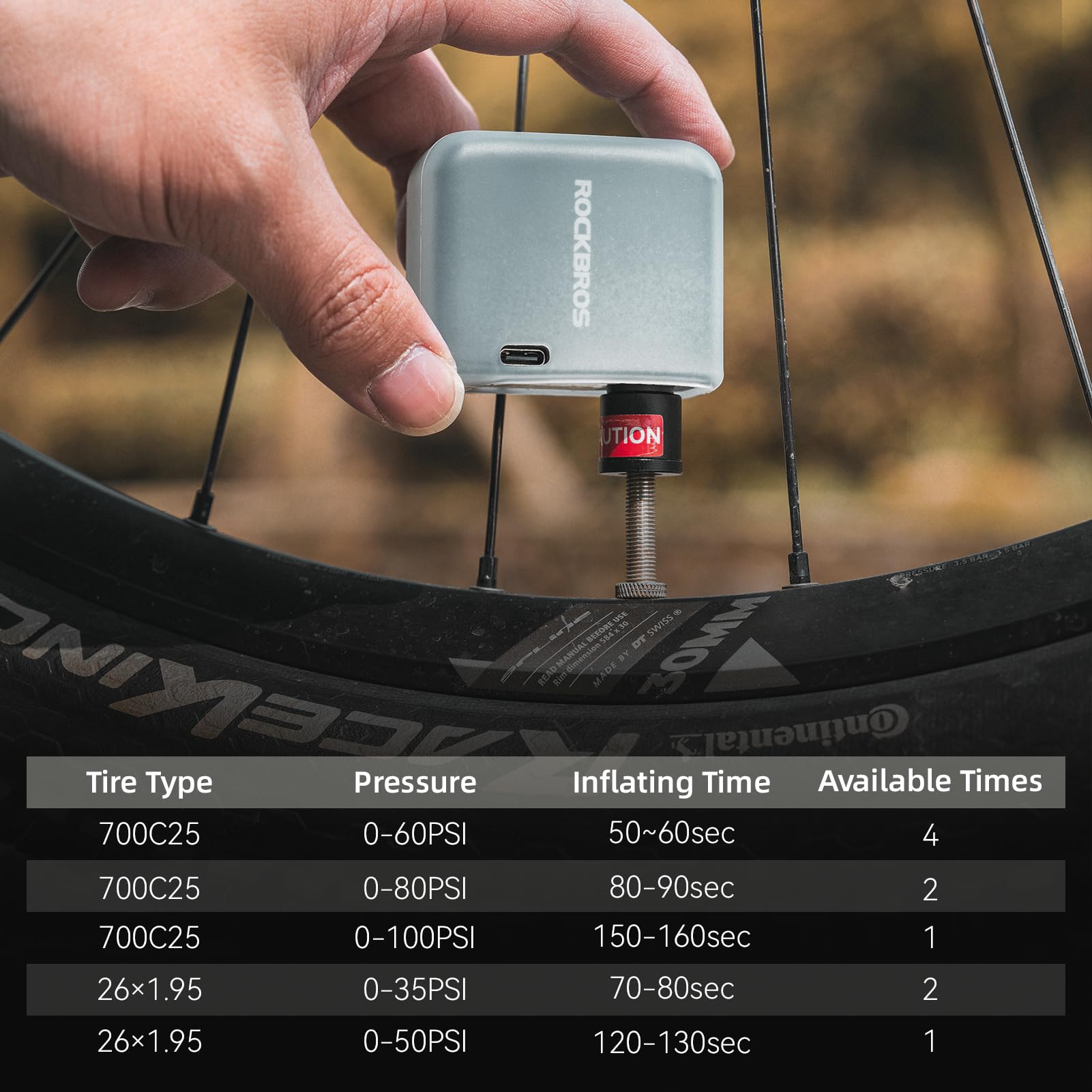 ROCKBROS Mini Electric Bike Tire Pump - 100PSI Portable Air Inflator with 300mAh Battery, Presta & Schrader Valves, Aluminum Alloy - Perfect for Road Bikes, Mountain Bikes, E-Bikes & Commuting