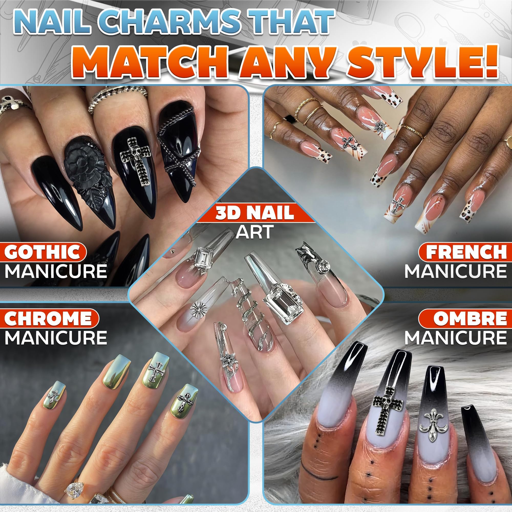 100 Pcs Silver Cross Nail Charms & Gems for Nail Art - Bulk 3D Y2K Nail Jewelry for DIY Nail Designs - Perfect for Parties, Weddings, and Salon Nail Decoration