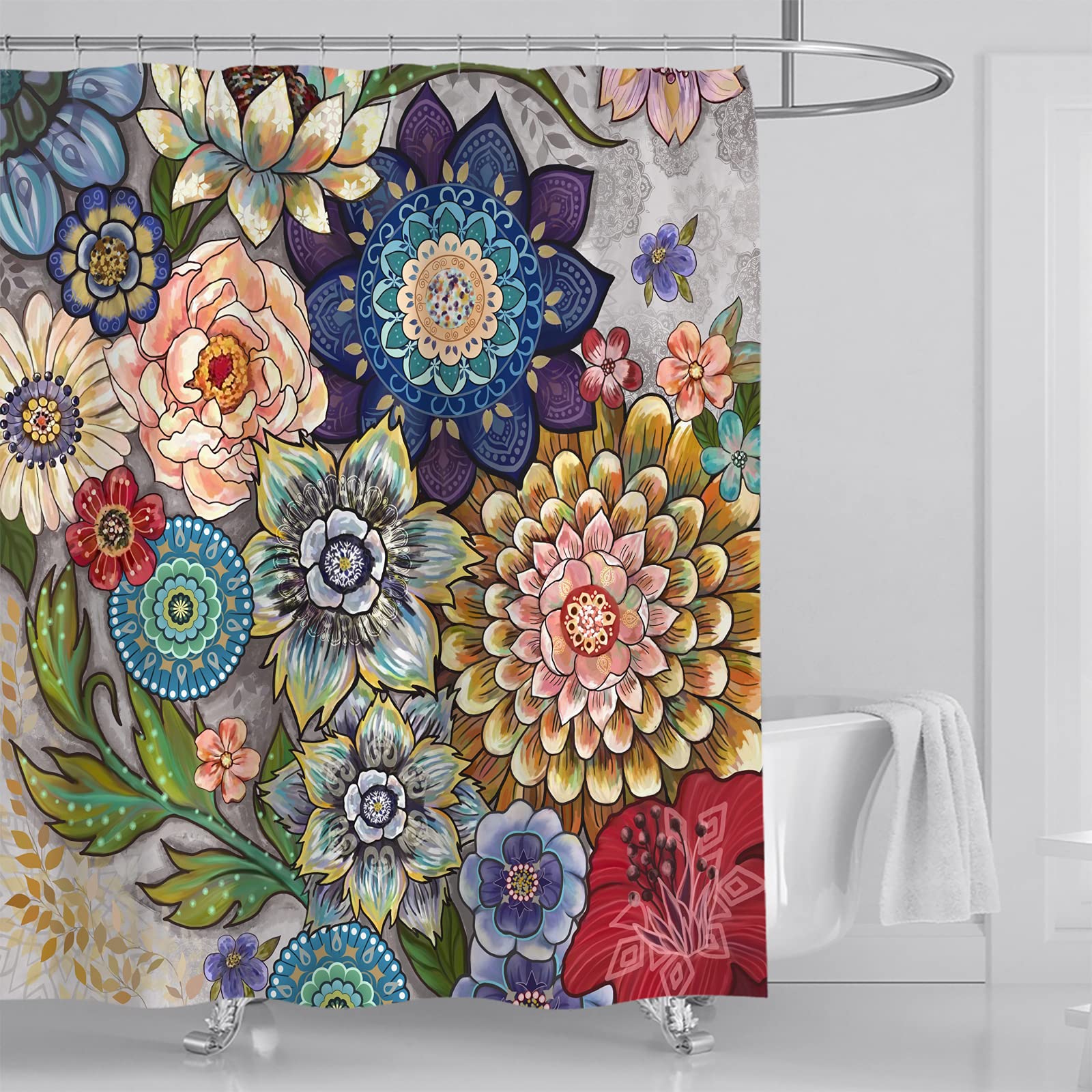 Boho Floral Shower Curtain - 72x72 Inch Waterproof Polyester Bathroom Curtain with 12 Hooks, Vibrant Botanical Print Bathtub Curtain for Modern Bathroom Decor - Perfect for Spa-Like Showers and Boho Chic Home Styling