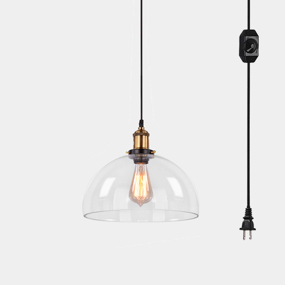 Vintage Semicircle Swag Pendant Light - 20ft Plug-in UL Dimmable Cord with Clear Glass Shade, Retro Ceiling Light Fixture for Living Room, Bedroom, Kitchen & Dining Room Decoration (No Wiring Needed)
