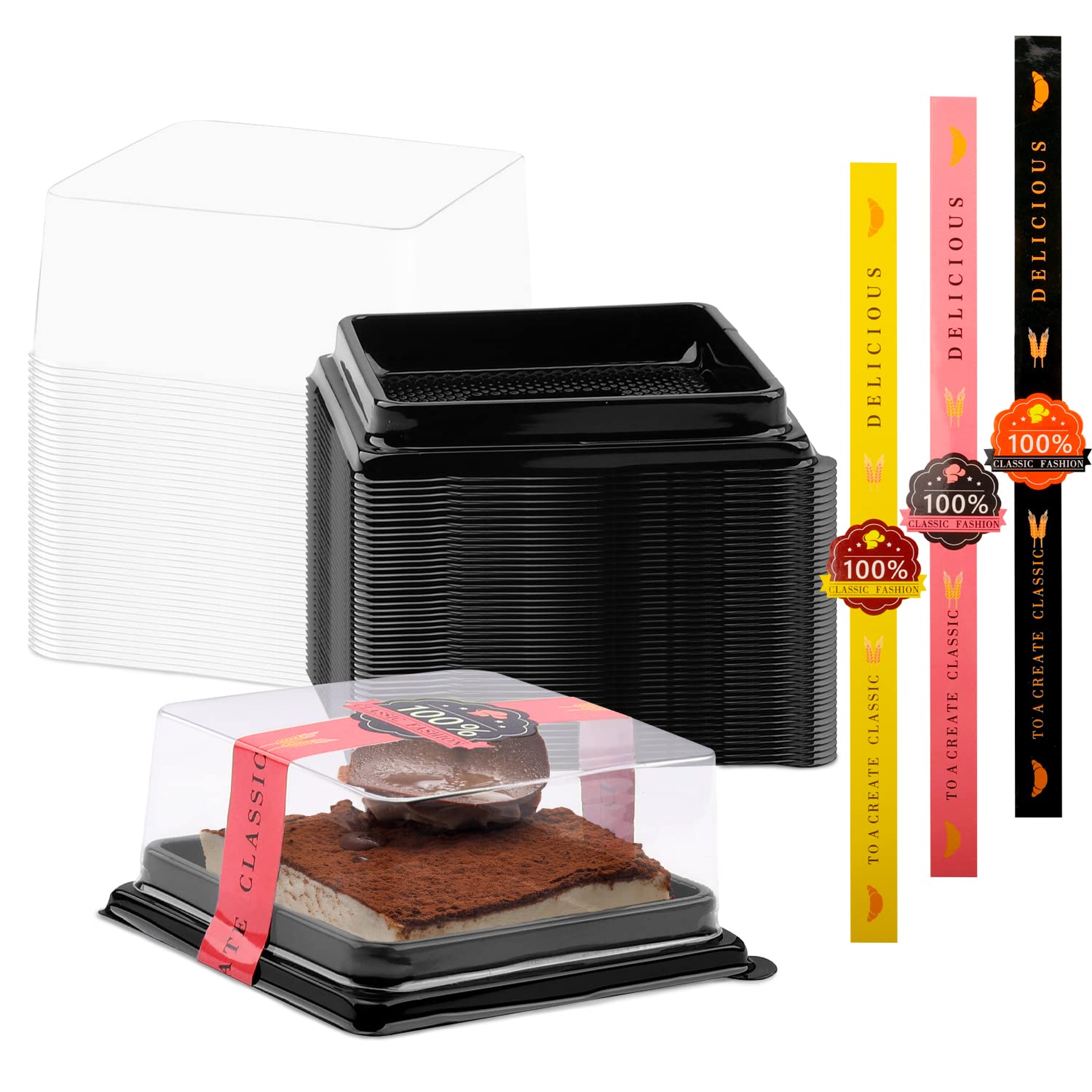 50 Pcs 3.5 Inch Clear Plastic Mini Cake Boxes - Small Cupcake & Muffin Containers with Dome Lids for Cookies, Mooncakes, Desserts - Perfect for Weddings, Birthdays & Gifts (Includes 50 Black Stickers) | Baking, Party Favors & Food Storage