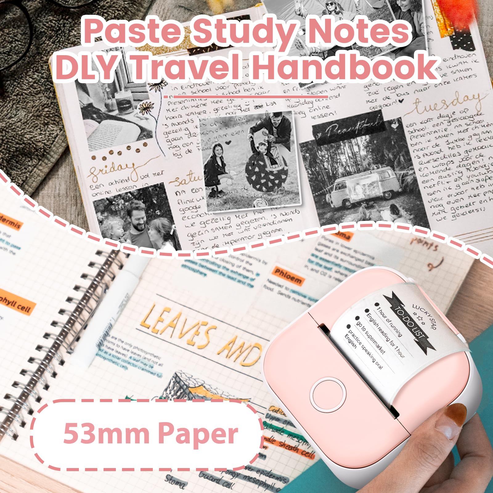 Odaro T02 Mini Bluetooth Thermal Sticker Printer - Portable Sticker Maker Machine with 1 Roll Paper, Wireless Label Printer for School Notes, Journals, Coloring Pictures, DIY Crafts (Pink) - Perfect for Home, Office & Classroom Use