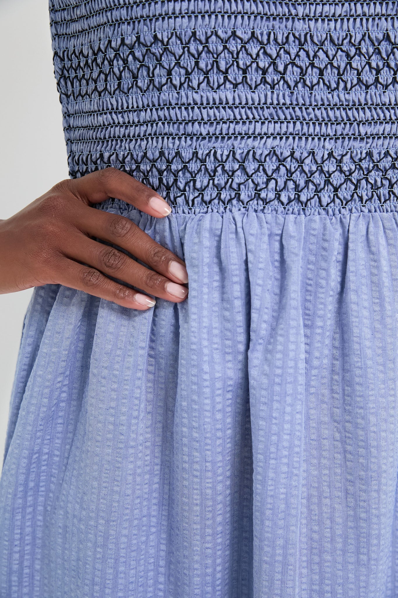 Blue Seersucker Smocked Maxine Dress for Women - Summer Casual & Beach Wear - Perfect for Outdoor Parties, Vacations and Date Nights