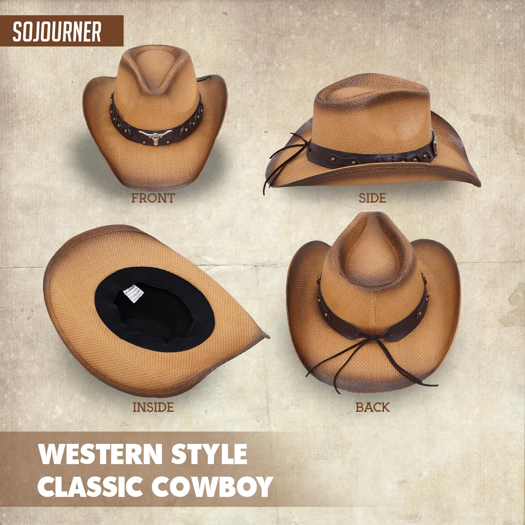 SoJourner Adjustable Cowboy Hat for Men & Women - Wide Brim Western Cowgirl Hat for Sun Protection | Perfect for Rodeo, Country Music Festivals & Outdoor Adventures