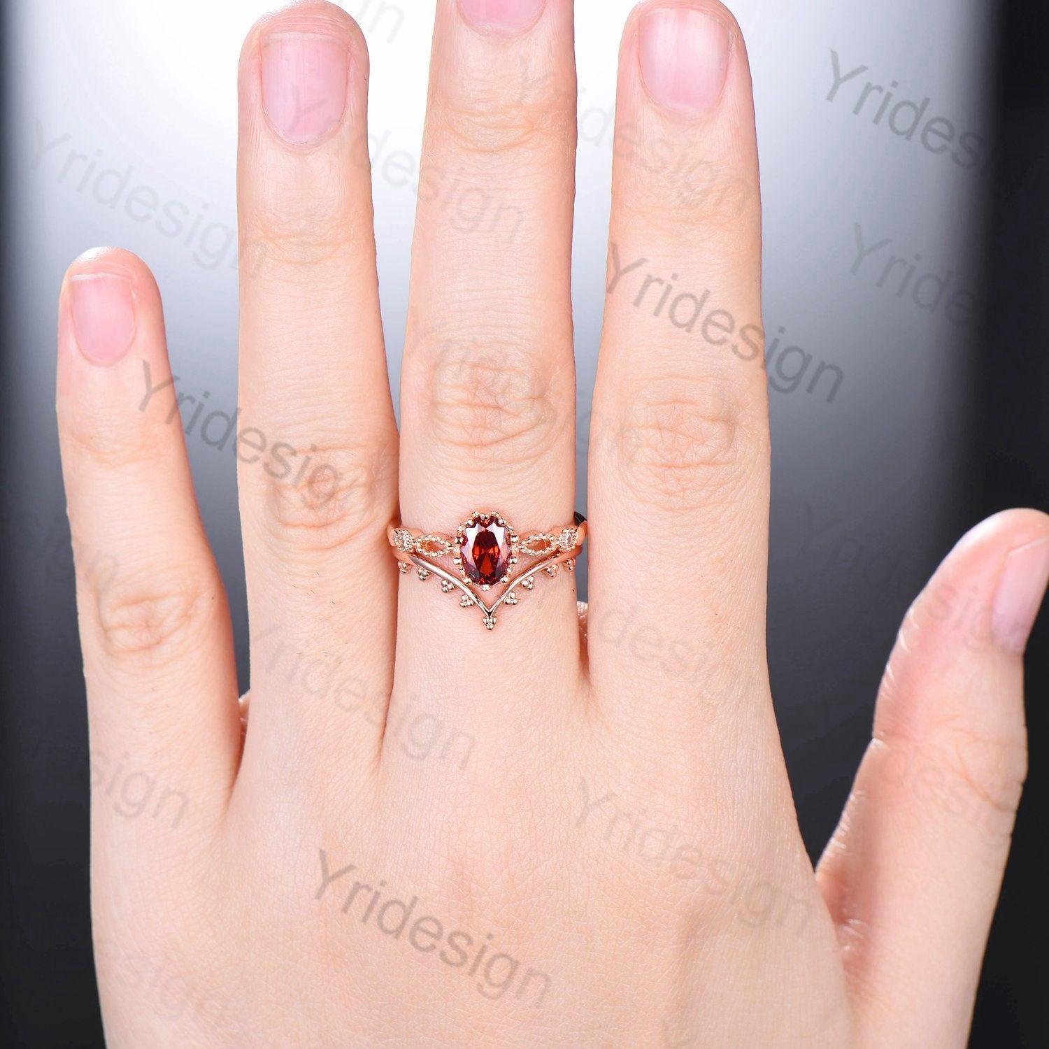 Vintage Art Deco Natural Red Garnet Engagement Ring Set - Unique 2-Piece Wedding Bridal Ring with January Birthstone - Perfect Gift for Her, Anniversary & Valentine's Day Jewelry