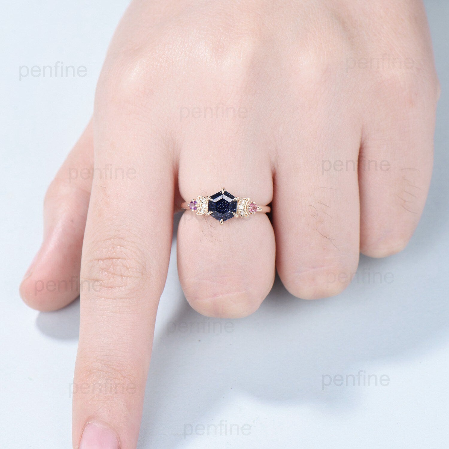 Celestial Moon Blue Sandstone Engagement Ring - Unique Tourmaline Amethyst Wedding Band, Vintage Crescent Moon Proposal Gift for Her | Perfect for Anniversaries, Valentine's Day & Romantic Occasions