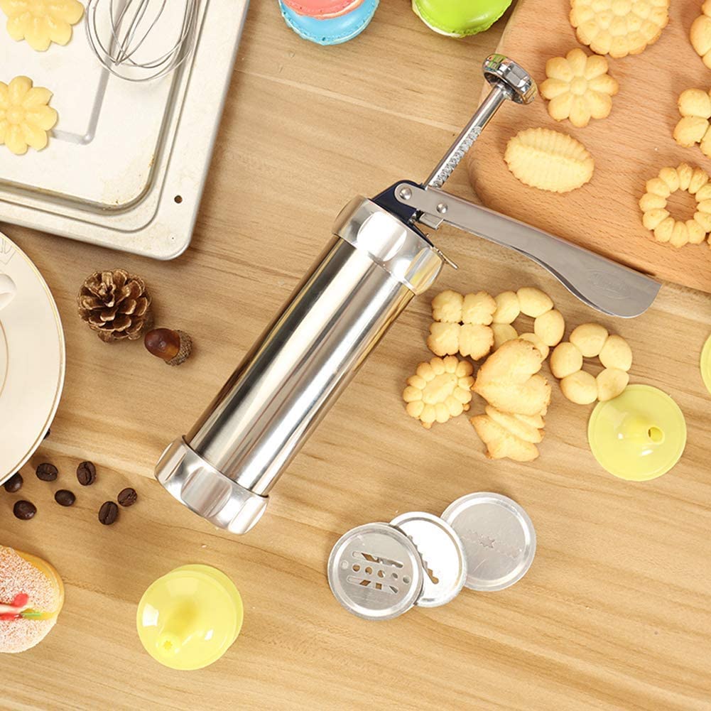 Stainless Steel Cookie Press Gun with 20 Cookie Mold Discs & 4 Piping Nozzles - Spritz Cookie Maker & Icing Decorating Kit for Baking, DIY Biscuits, Cake Decor (Silver) | Perfect for Holiday Cookies, Wedding Desserts & Home Baking Gifts