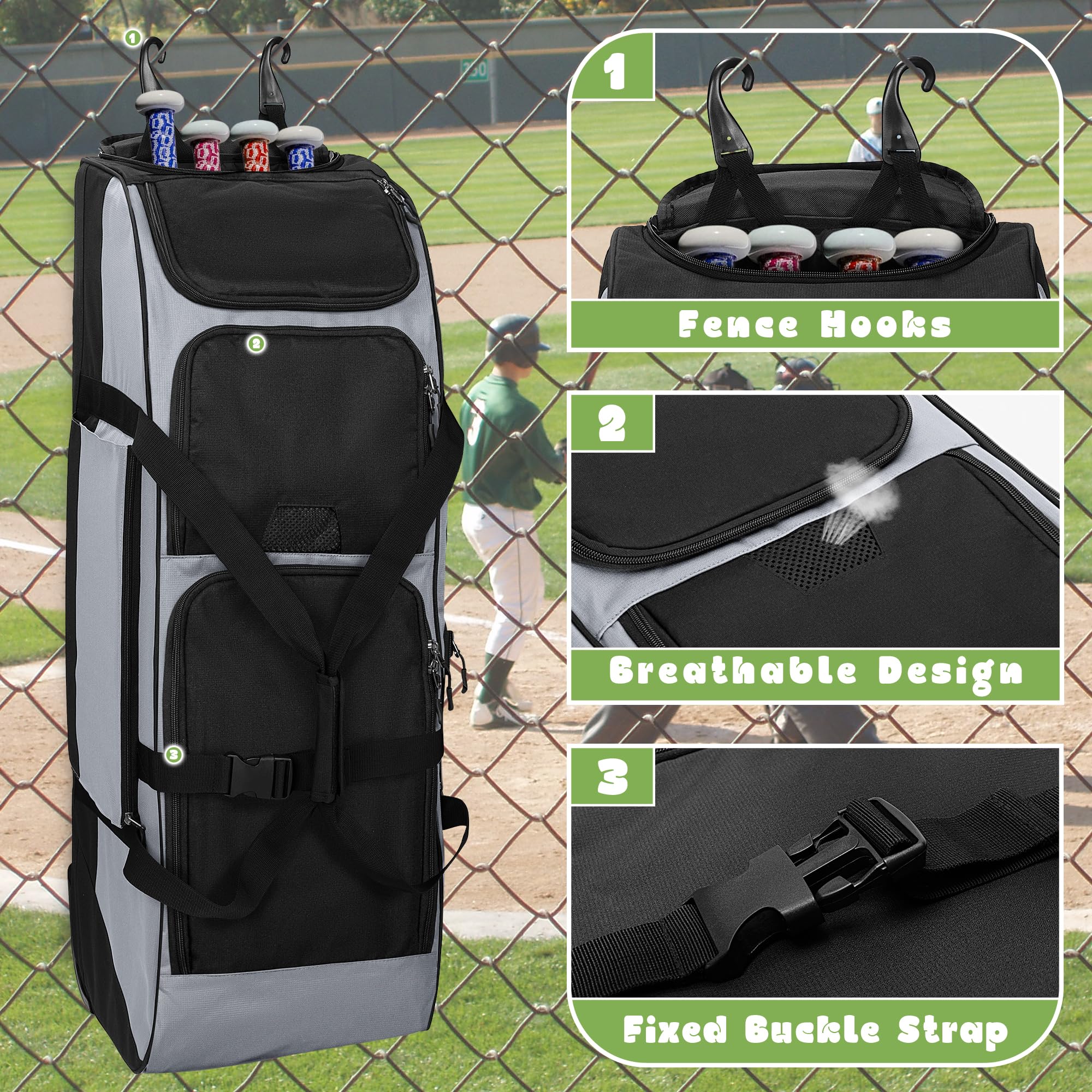 Best Rolling Baseball & Softball Bag with Wheels - Holds 4 Bats, Duffle Style with Separate Shoe Compartment & Multiple Pockets for Equipment Storage - Perfect for Travel & Practice - Gray
