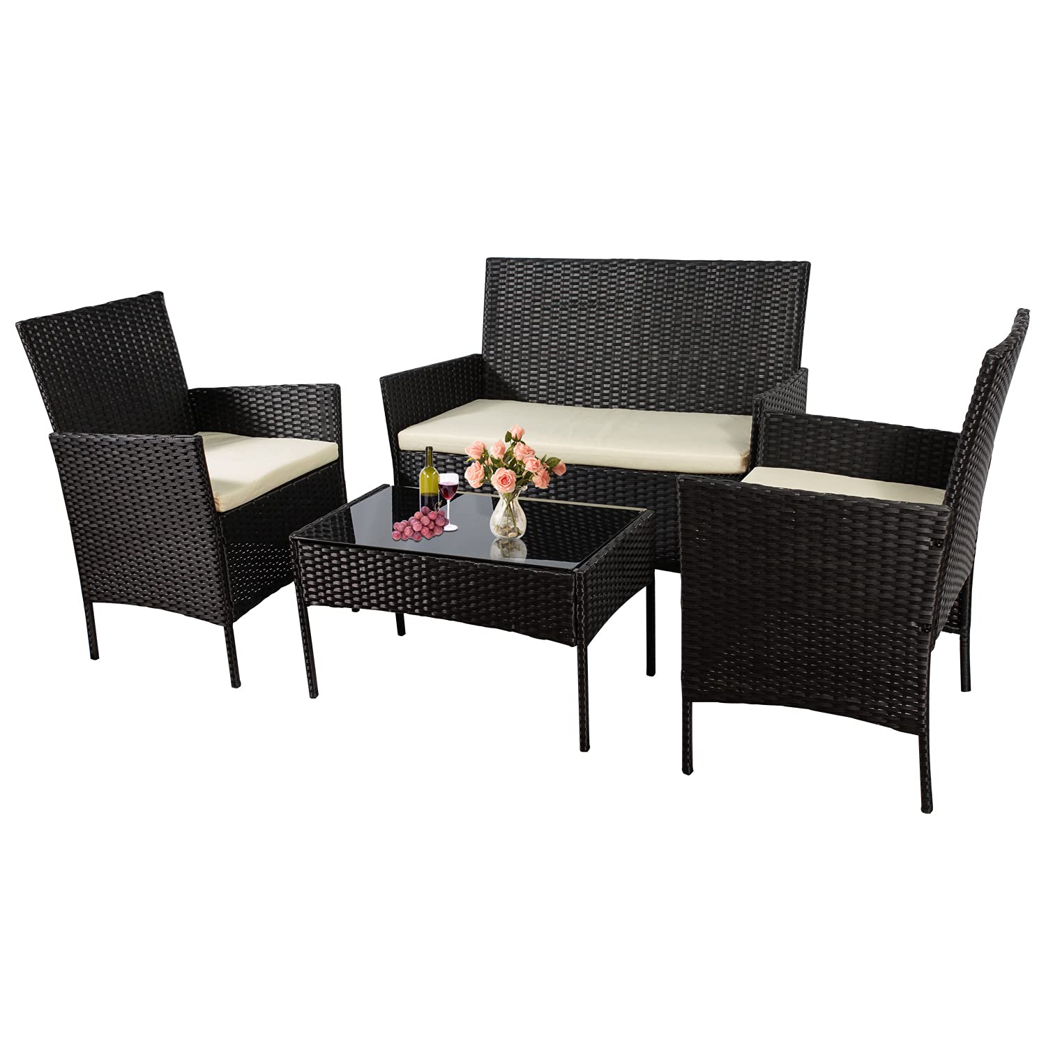 4-Piece Outdoor Patio Furniture Set - All-Weather Wicker Chairs with Cushions & Coffee Table - Black Rattan Conversation Set for Backyard, Porch, Garden, Poolside, Balcony (Indoor/Outdoor Use) - Perfect for Relaxing, Entertaining & Outdoor Dining