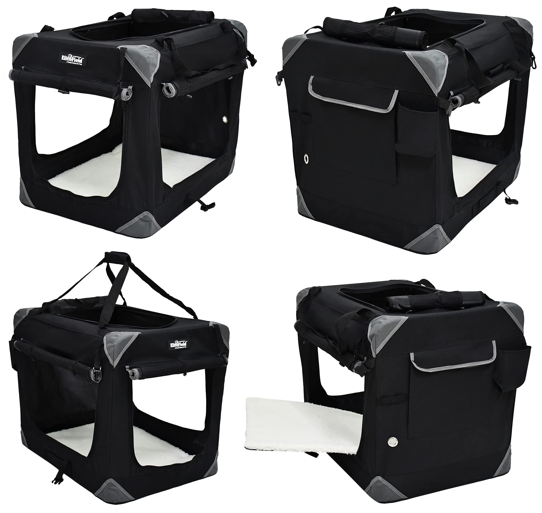 EliteField 4-Door Foldable Soft Dog Crate with Removable Curtains, Carry Bag & Plush Bed - Portable Pet Kennel for Indoor & Outdoor Use (30