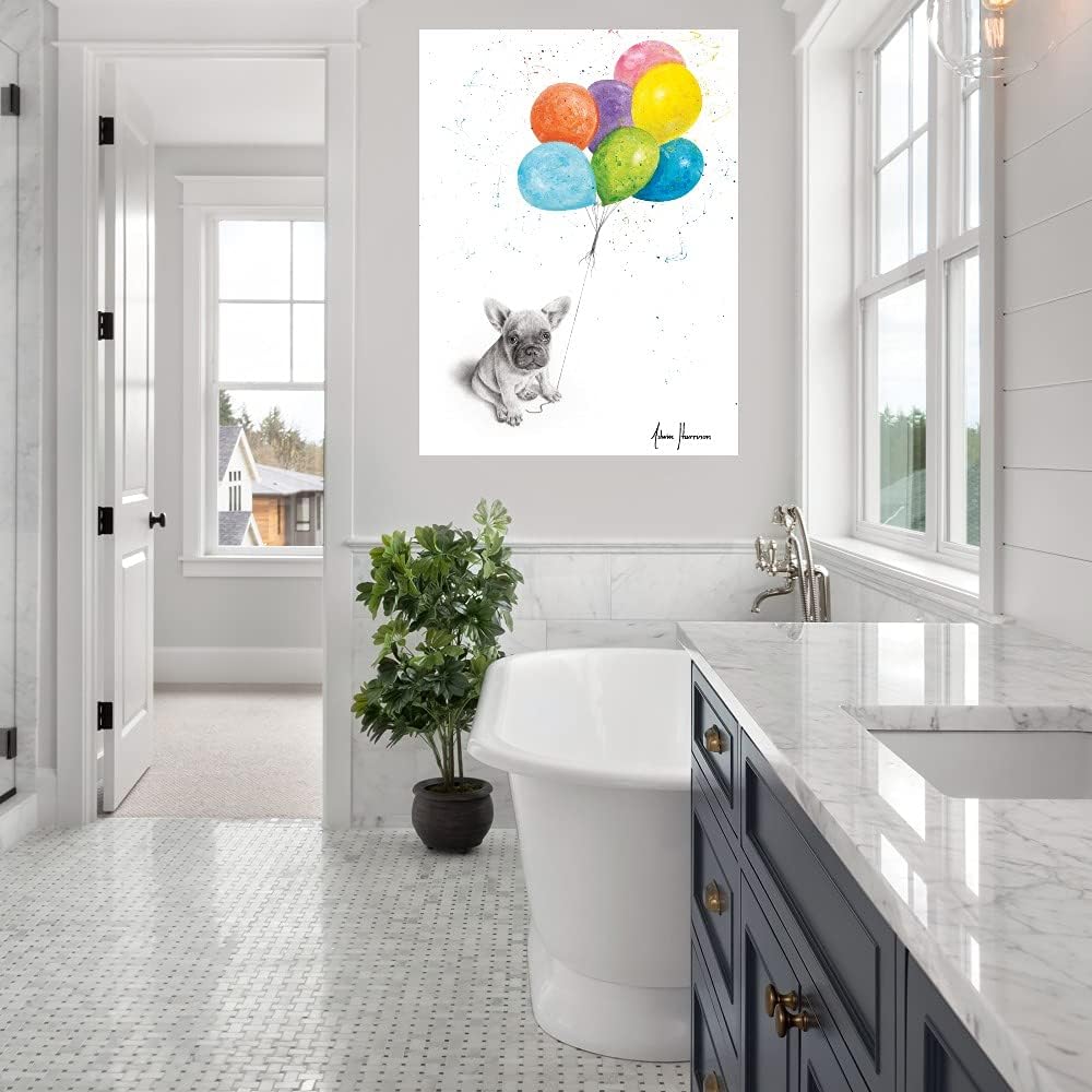 Fine Art Canvas - Little Frenchie and The Balloons Wall Decor by Artist Ashvin Harrison | Modern Home & Office Decor for Living Room, Bedroom, Bathroom, Kitchen, Bar, Dining & Guest Room | Ready to Hang 24x32 Inch Canvas Painting | Perfect for Gifts, Housewarming & Interior Design