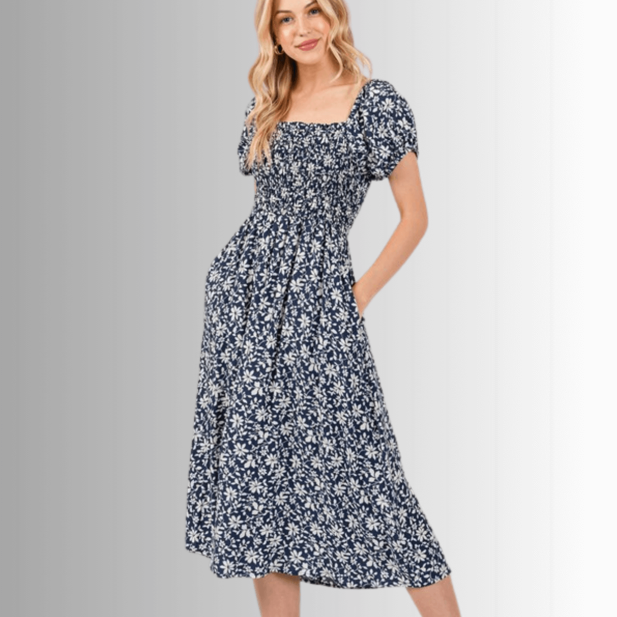 Delilah Navy Blue Floral Smocked Midi Dress for Women | Summer Casual Dress with Puff Sleeves | Perfect for Beach Vacations, Brunch Dates & Garden Parties