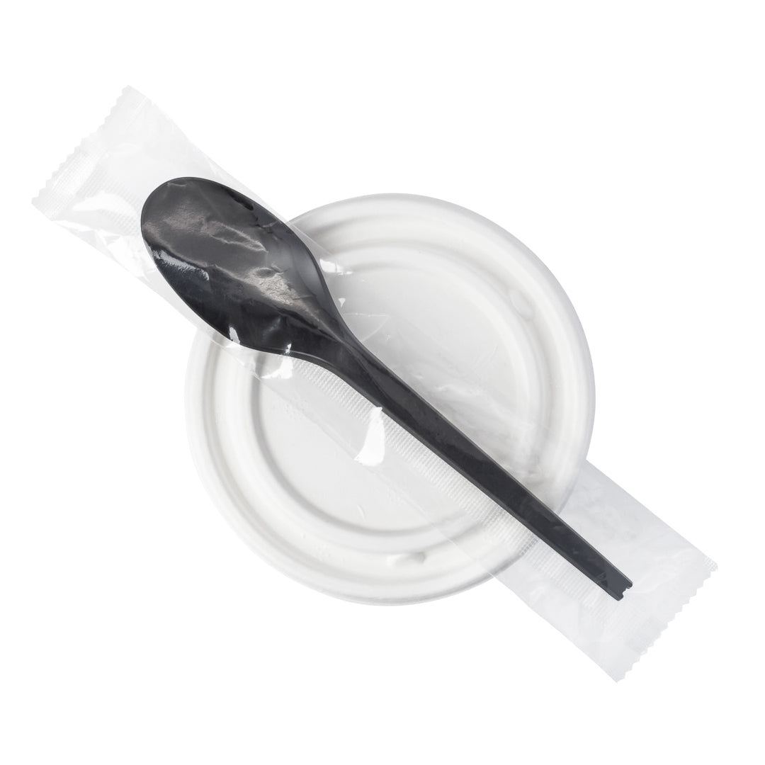 Eco-Friendly Black CPLA Plastic Spoons - Compostable, Heat Resistant, Individually Wrapped (6.5