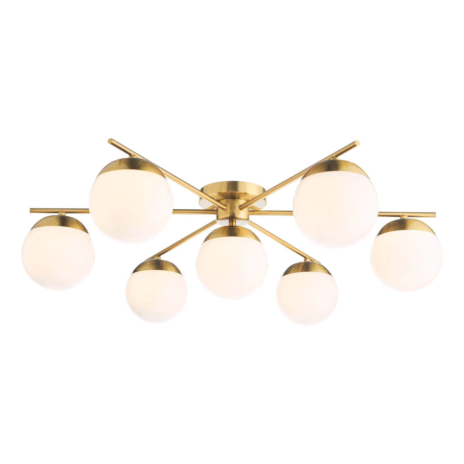 Bombazine 7Lt Semi Flush Mount Ceiling Light - Natural Brass & White Opal Glass - Perfect for Bedroom, Dining Room, and Hallway Lighting