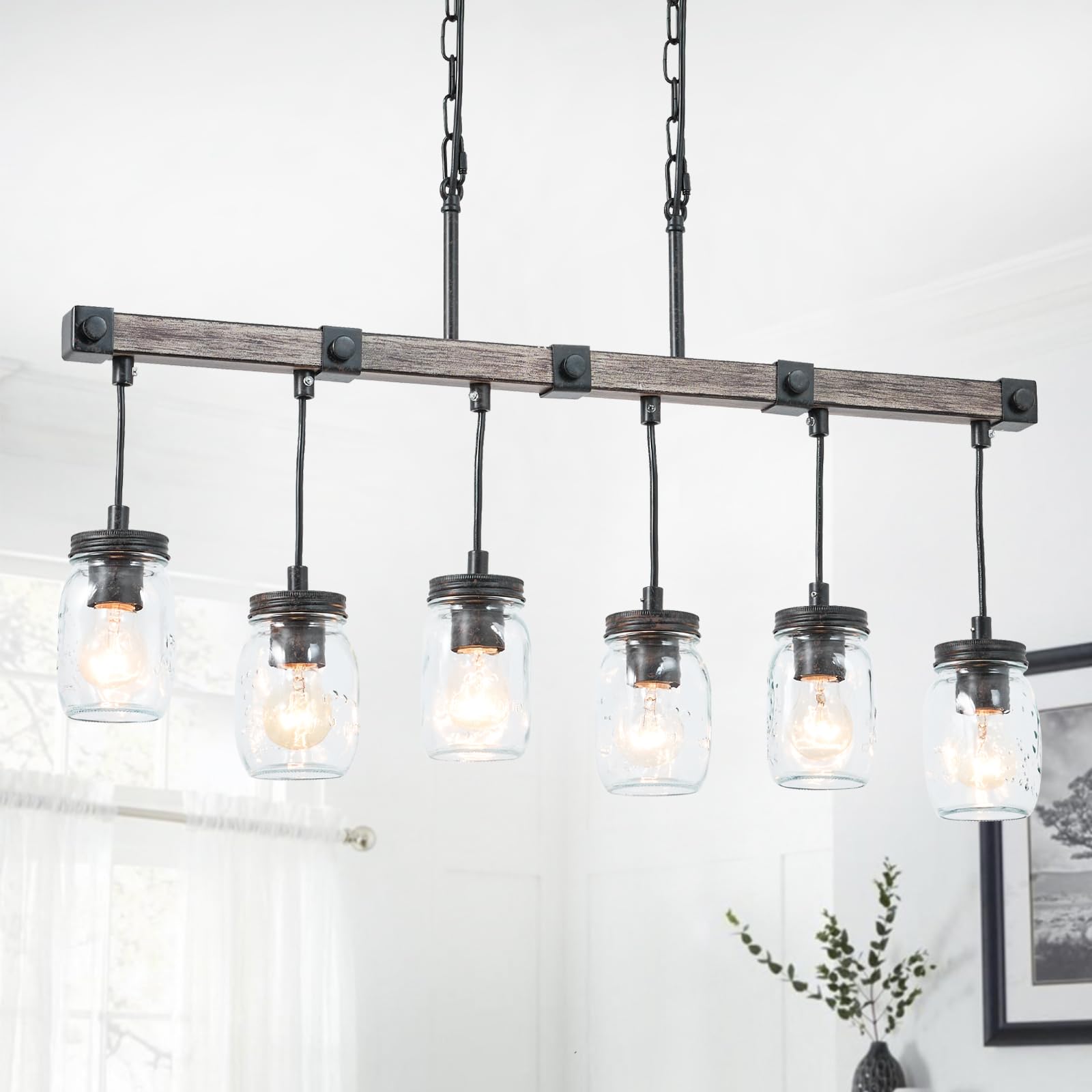 Farmhouse Kitchen Island Lighting - 6-Light Rustic Mason Jar Chandelier with Clear Glass Globes, 30