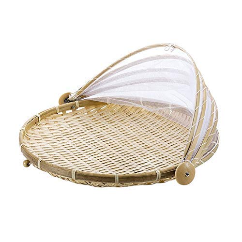 TYUXINSD Hand Woven Bug Proof Picnic Basket - Dustproof Wicker Food Cover for Camping, Fruits, Vegetables & Bread - Light Yellow Medium Size with Gauze - Perfect for Outdoor Picnics, Beach Trips & Garden Parties