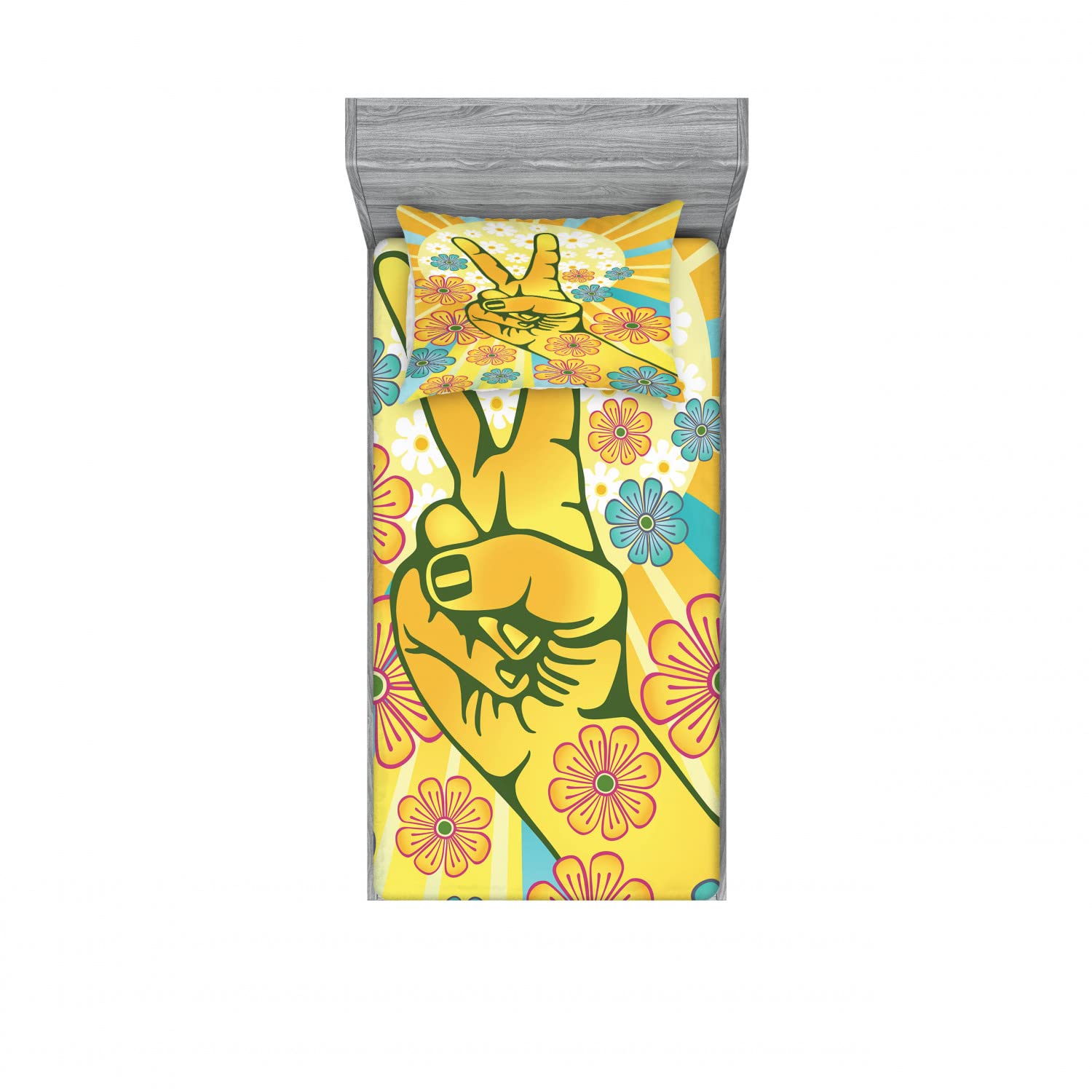 Ambesonne Groovy 2-Pack Twin Fitted Sheet & Pillow Sham Set - Peace Flowers Design, Yellow Blue Pink 4-Piece Bedding Decor (2 Fitted Sheets + 2 Pillow Covers) for Kids Room, Dorm, Guest Bed & Bohemian Style Bedrooms
