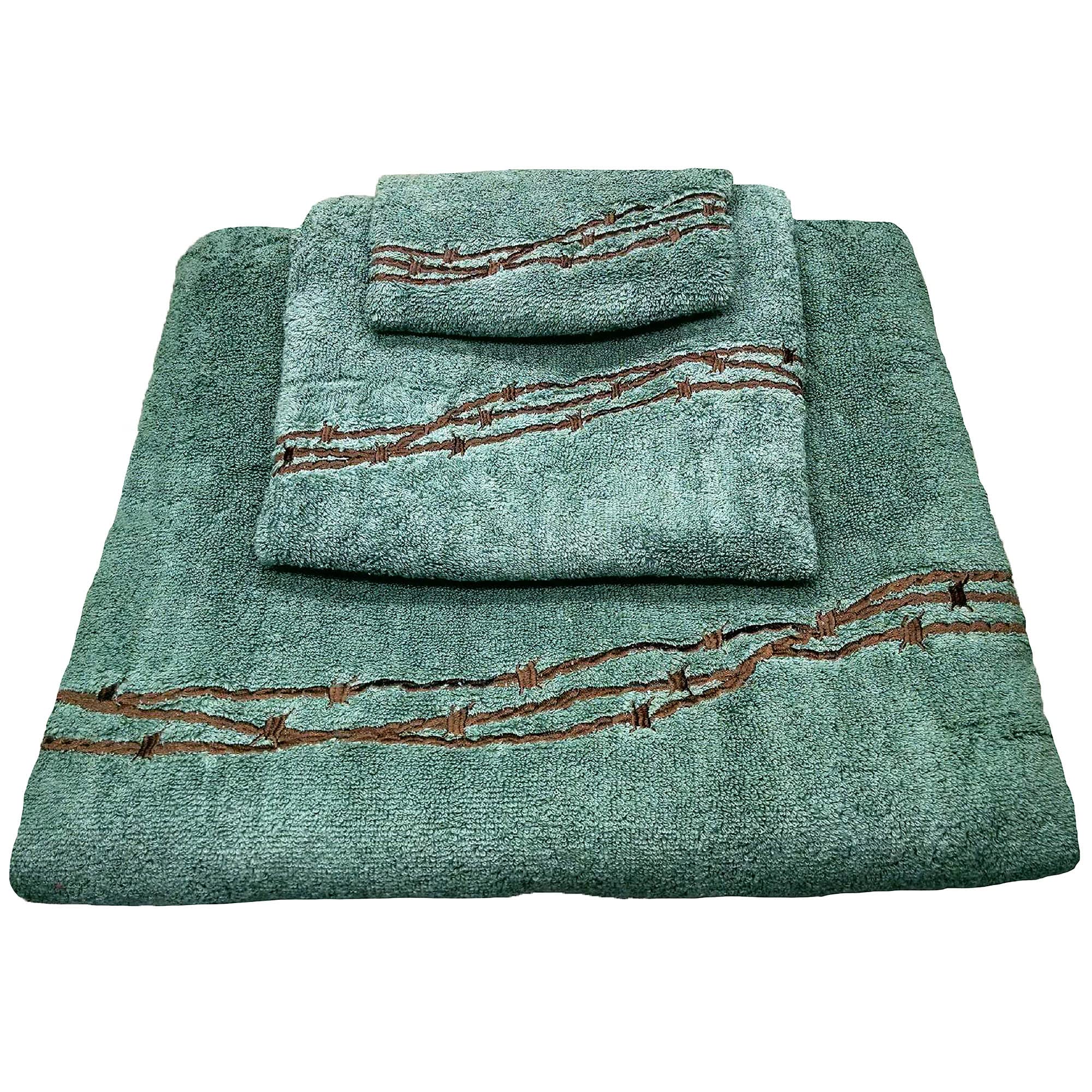 HiEnd Accents Paseo Road Barbwire Embroidered 3-Piece Western Rustic Bathroom Towel Set - Turquoise Cabin Themed Towels with Embroidery (Bath Towel, Hand Towel & Washcloth) for Lodge, Ranch & Farmhouse Decor