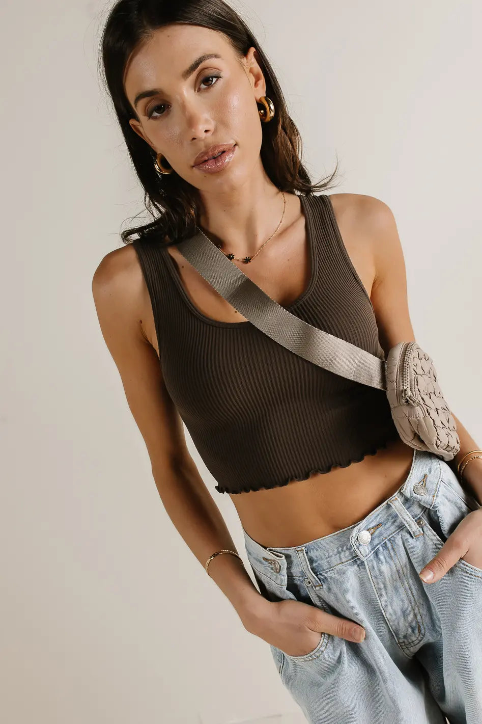 Everleigh Cropped Tank Top - Women's Brown Ribbed Stretch Fit Casual Summer Tops for Beach, Yoga & Everyday Wear