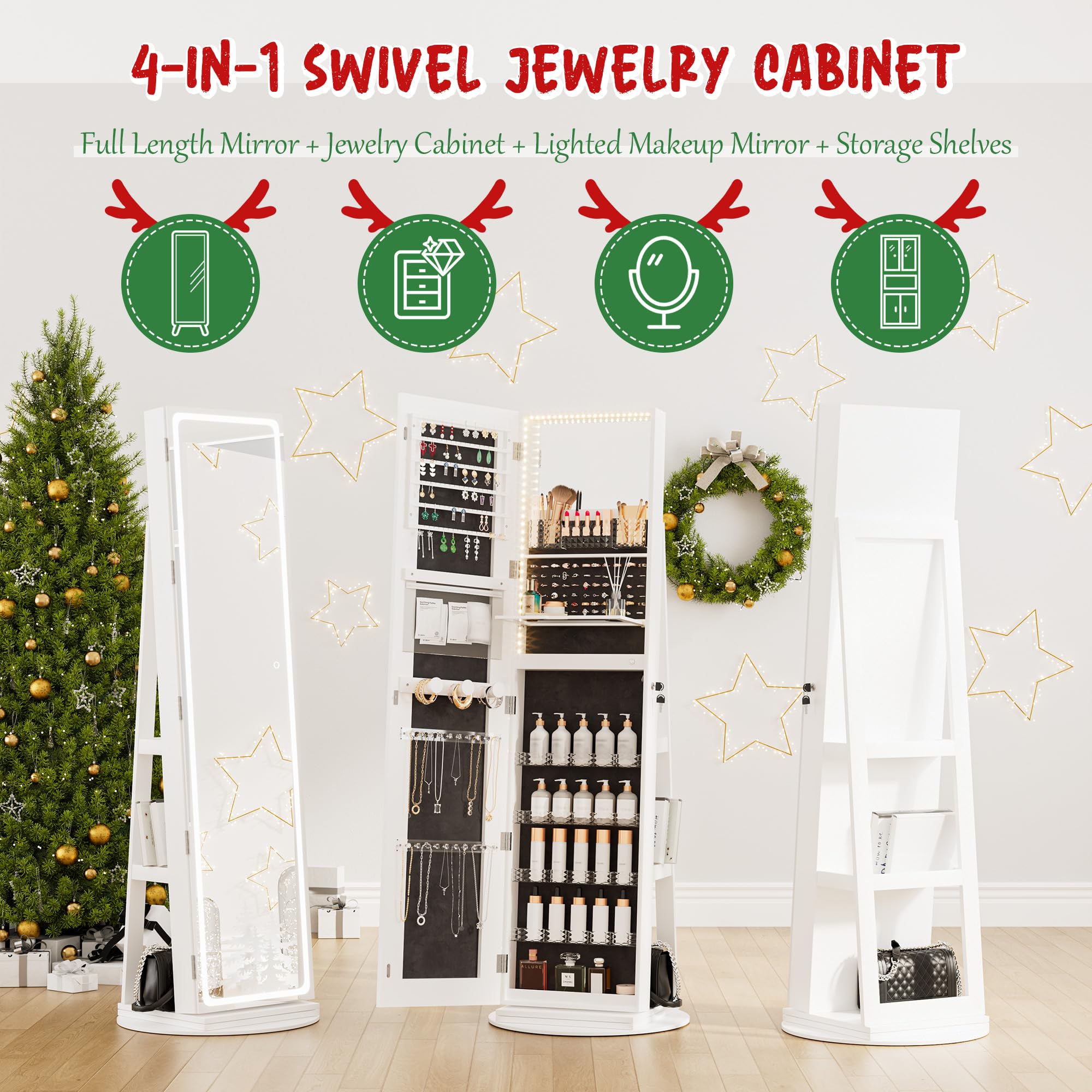 NUNU LAB LED Mirror Jewelry Cabinet Standing - Full Length Adjustable LED Lighted Jewelry Armoire with 360° Swivel, Lockable Storage Organizer (White) | Perfect for Bedroom Vanity, Dressing Room & Closet Organization