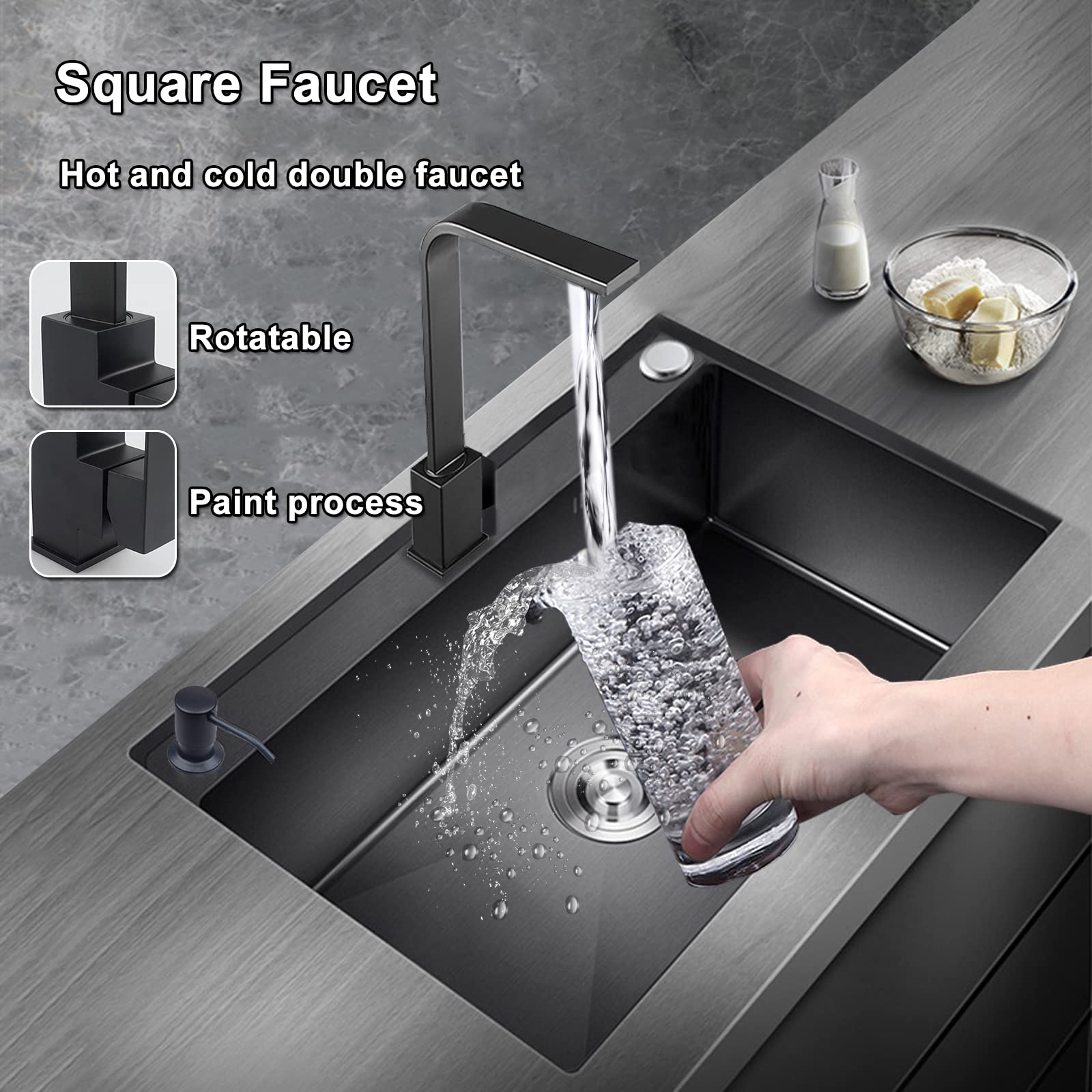 Undermount Single Bowl Kitchen Sink with Faucet - 304 Stainless Steel, Large Capacity, Black Nano Coating - Durable & Spacious for Home Kitchen, Perfect for Washing Dishes, Prepping Food & Multi-Tasking