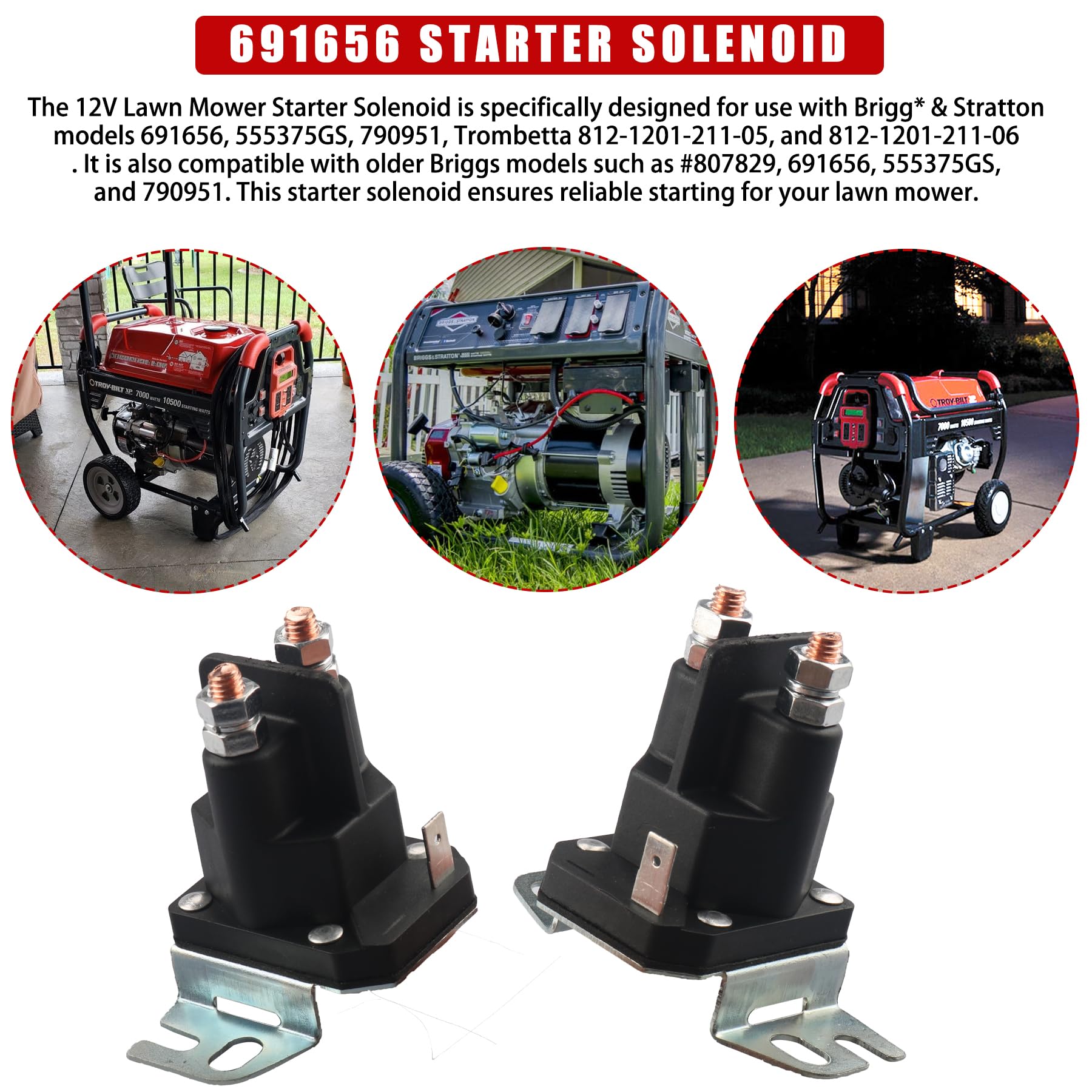 Briggs & Stratton Lawn Mower Starter Solenoid Replacement - Compatible with Models 691656, 790951, 555375GS, Trombetta 12-1201-211-05 & 812-1201-211-06 - Perfect for Lawn Tractors, Riding Mowers & Outdoor Power Equipment