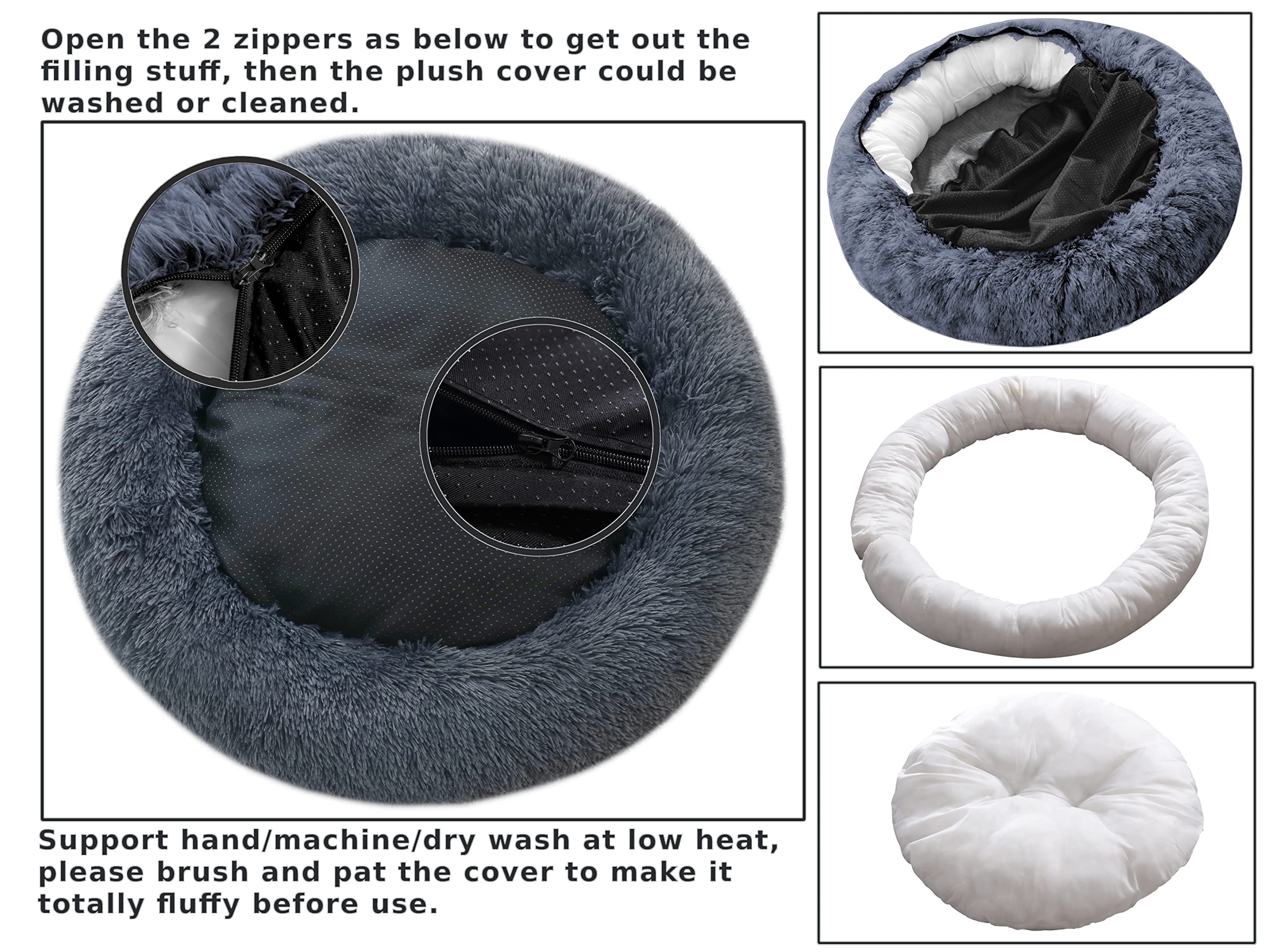 28 Inch Calming Donut Dog Bed - Round Anti-Anxiety Pet Bed with Removable Washable Cover, Soft Faux Fur Cuddler for Small to Medium Dogs - Fluffy Comfy Bed for Anxiety Relief & Cozy Napping (Dark Grey) - Perfect for Crates, Living Rooms & Bedrooms