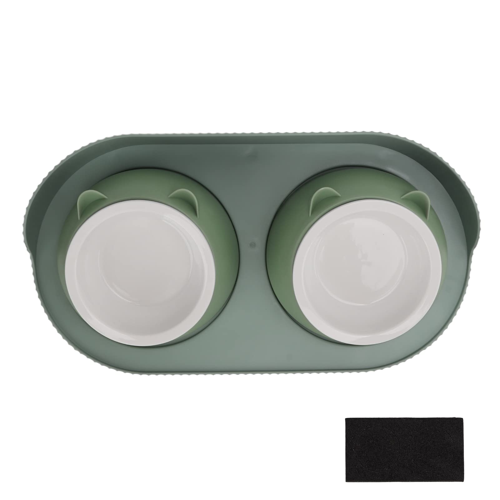 BTIHCEUOT Ceramic Pet Bowl Set - Anti-Spill Double Bowls with Separate Design, Easy to Clean for Cats, Kittens & Dogs - Green Cheongsam Meow Pattern - Perfect for Home, Kitchen or Pet Feeding Station
